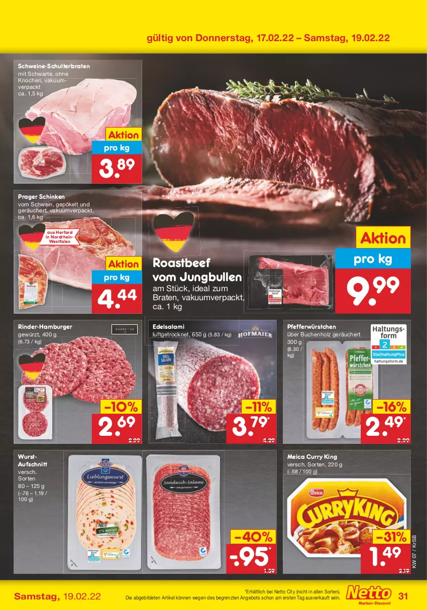 Aktueller Prospekt Netto Marken-Discount - Filial-Angebote - von 14.02 bis 19.02.2022 - strona 31 - produkty: angebot, aufschnitt, beef, braten, buch, burger, curry, Edelsalami, gewürz, hamburger, Holz, ideal zum braten, jungbullen, meica, pfeffer, rind, rinder, roastbeef, salami, schinken, schwein, schweine, Ti, wein, weine, wurst, würstchen, ZTE