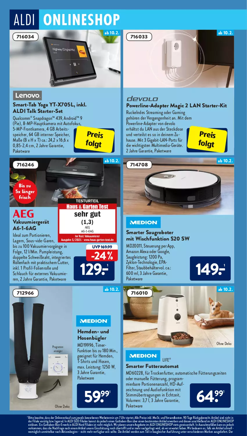 Aktueller Prospekt AldiSud - ALDI Aktuell - von 07.02 bis 12.02.2022 - strona 12 - produkty: adapter, aldi, aldi talk, alexa, amazon alexa, angebot, angebote, auer, auto, Bau, Behälter, devolo, eis, elle, erde, frontkamera, gin, hauptkamera, hemd, hemden, hose, hosen, kamera, LG, ndk, reis, rwe, Saugroboter, schlauch, shirt, shirts, steckdose, T-Shirt, Ti, timer, tisch, trockenfutter, uhr, Yo