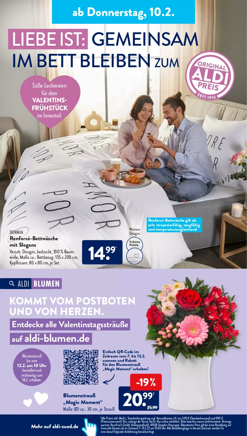 Aktueller Prospekt AldiSud - ALDI Aktuell - von 07.02 bis 12.02.2022 - strona 18 - produkty: aldi, Bau, baumwolle, bett, bettwäsche, blume, blumen, Blumenstrauß, decke, dormia, eis, elle, ente, erde, hero, kissen, kopfkissen, LG, ndk, reis, renforcé-bettwäsche, Ti, uhr, wolle