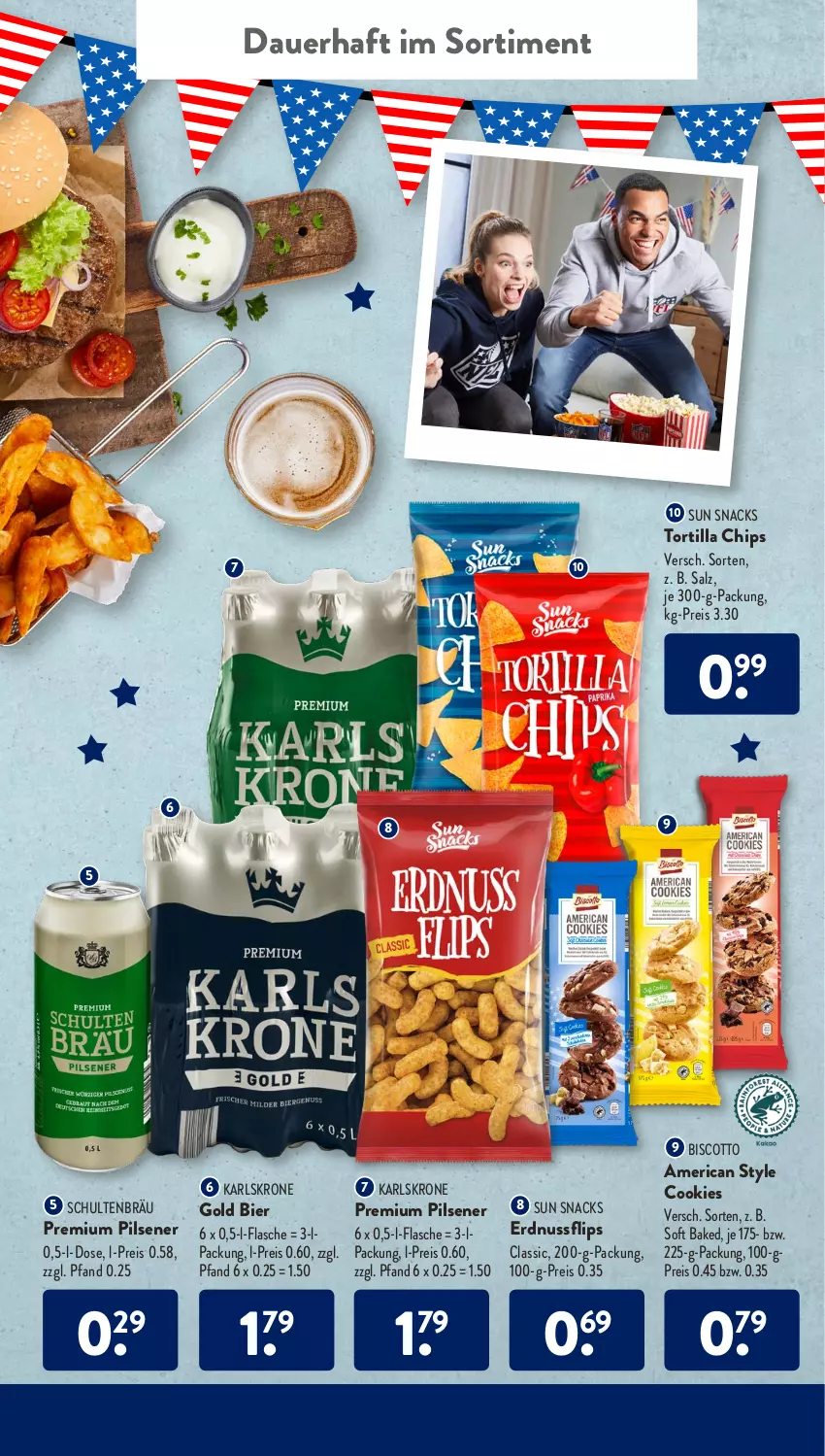 Aktueller Prospekt AldiSud - ALDI Aktuell - von 07.02 bis 12.02.2022 - strona 33 - produkty: auer, bier, biscotto, chips, cookie, cookies, eis, erdnuss, flasche, krone, nuss, pils, pilsener, premium pils, reis, salz, snack, snacks, Sun Snacks, Ti, tortilla, Tortilla Chips