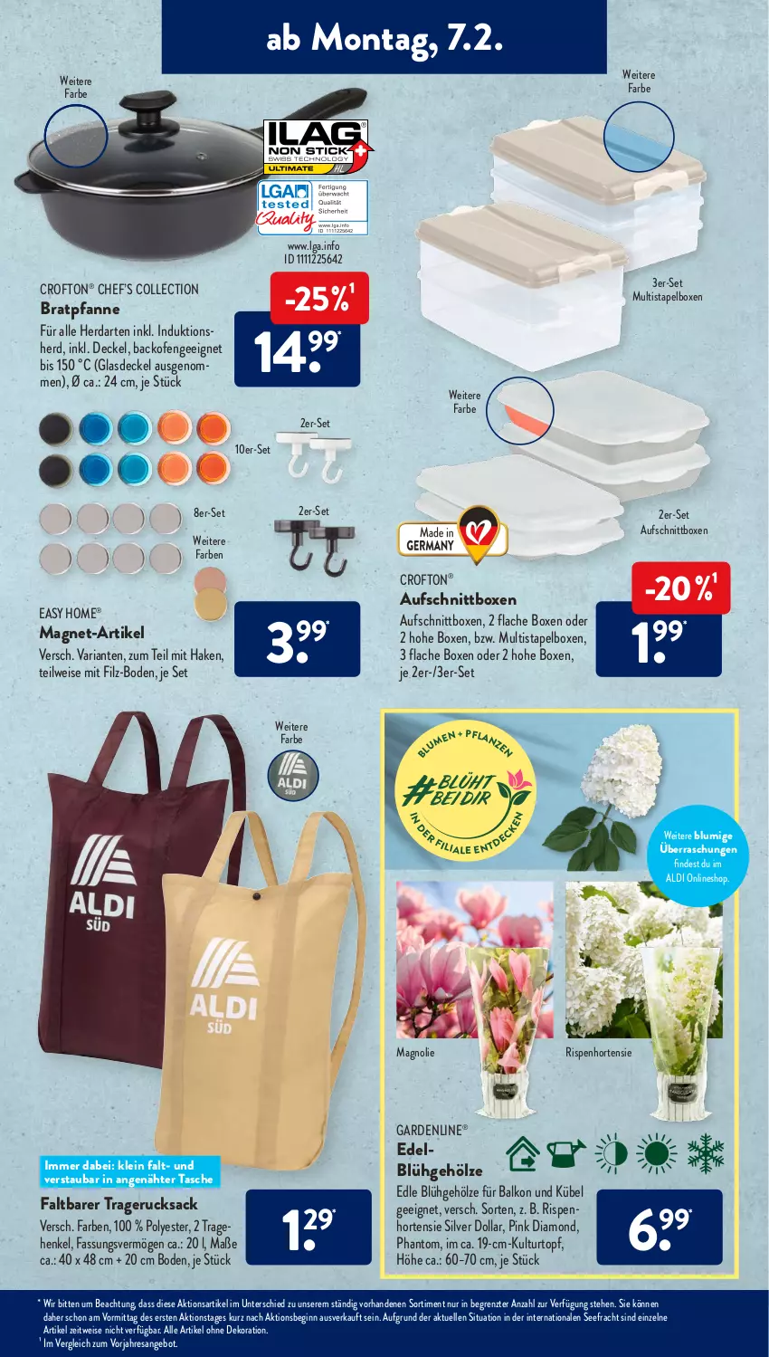 Aktueller Prospekt AldiSud - ALDI Aktuell - von 07.02 bis 12.02.2022 - strona 9 - produkty: aldi, alle artikel ohne dekoration, angebot, aufschnitt, backofen, bratpfanne, Crofton, crofton®, decke, Deckel, dekoration, eis, elle, gardenline®, gin, Glasdeckel, henkel, herdarten, hortensie, kulturtopf, LG, Ofen, pfanne, resa, Ria, rucksack, sac, Tasche, Ti, topf, ZTE