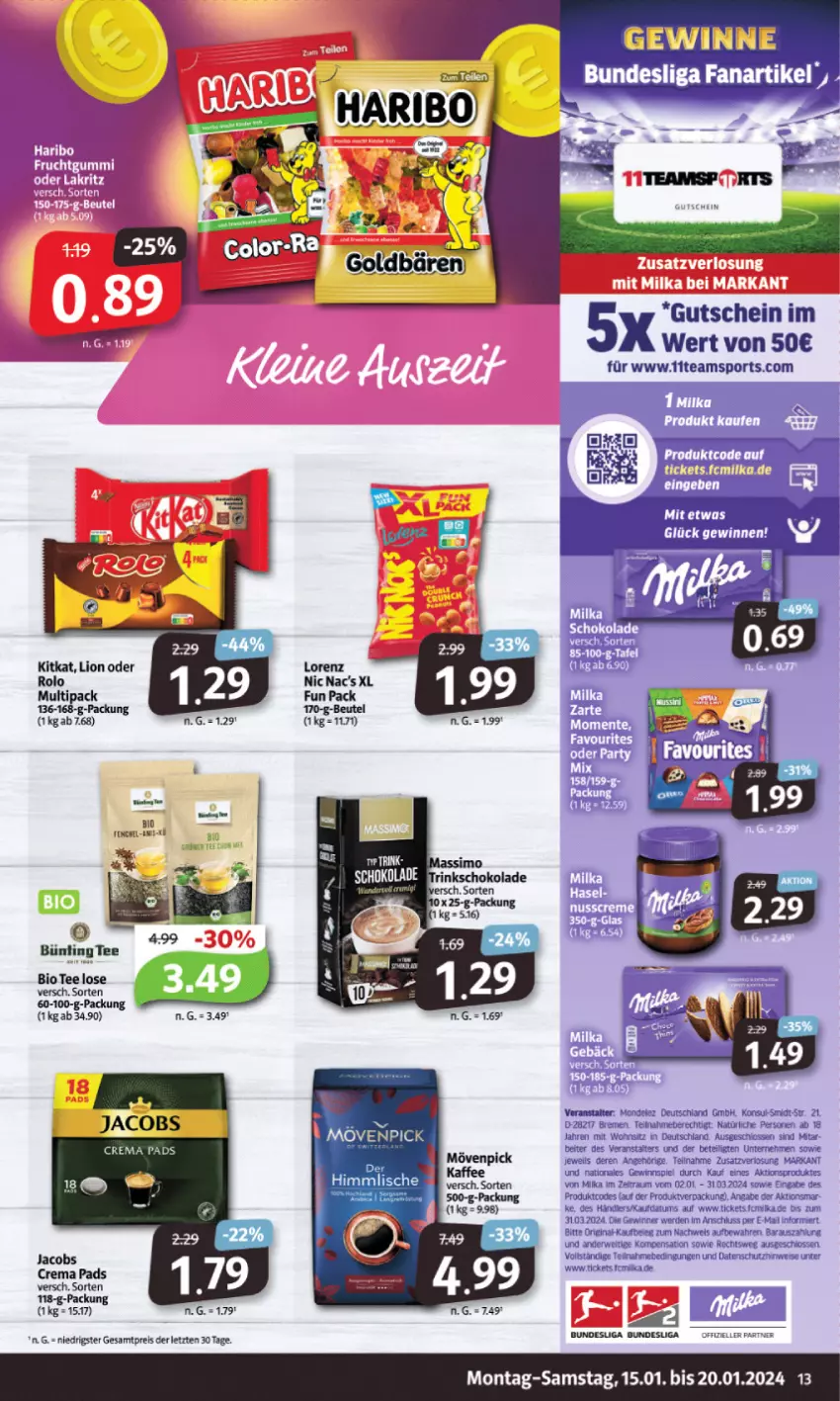 Aktueller Prospekt Markant - Prospekte - von 15.01 bis 20.01.2024 - strona 13 - produkty: bio, bünting tee, eis, Fanartikel, gewinnspiel, gutschein, jacobs, lorenz, milka, mondelez, mövenpick, reis, schoko, schokolade, Sport, tee, Ti, ZTE