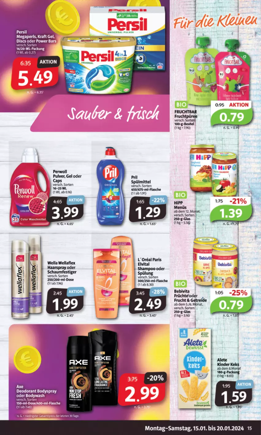 Aktueller Prospekt Markant - Prospekte - von 15.01 bis 20.01.2024 - strona 15 - produkty: apfel, asti, axe, beutel, body, bodyspray, deo, deodorant, frucht, haarspray, keks, Kinder, perwoll, pril, shampoo, spülung, Ti, universal pulver, Wella, wellaflex, ZTE