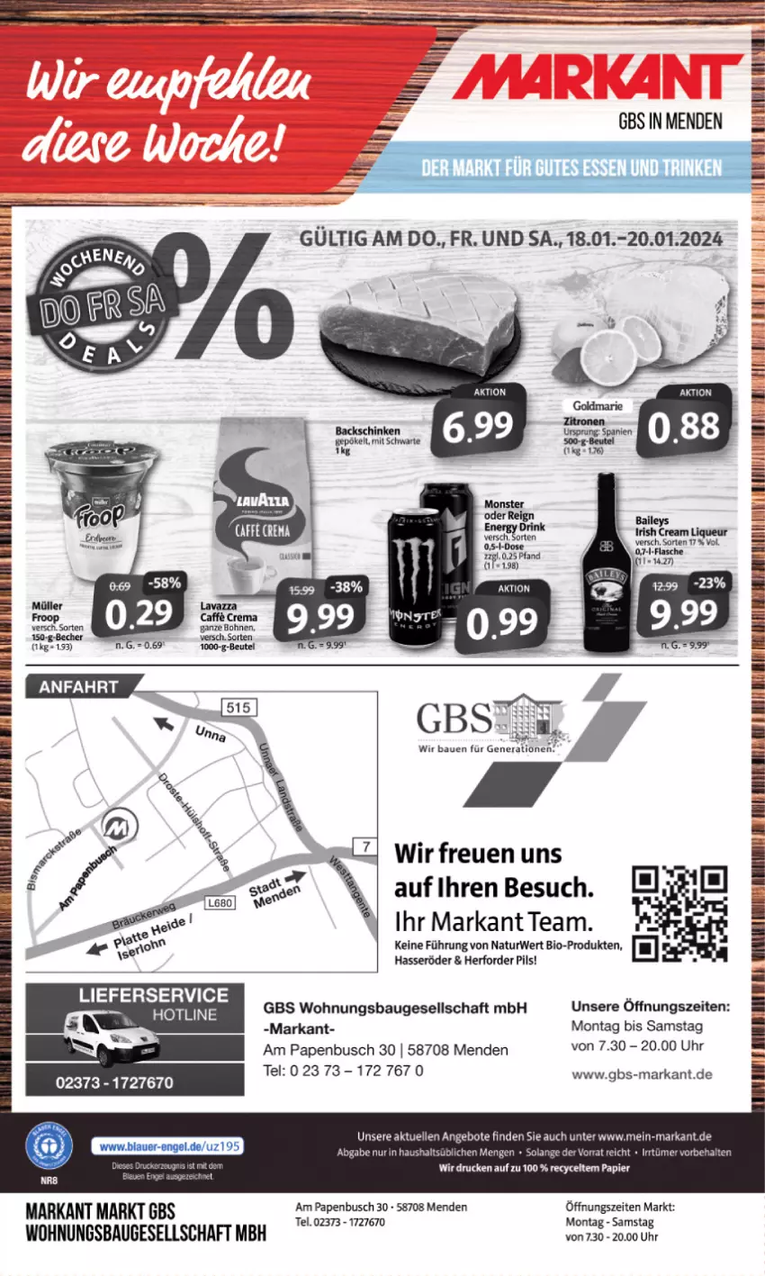 Aktueller Prospekt Markant - Prospekte - von 15.01 bis 20.01.2024 - strona 16 - produkty: angebot, angebote, auer, baileys, Bau, Becher, beutel, bio, bohne, bohnen, caffe, eier, elle, Engel, goldmarie, hasseröder, Heu, irish cream, lieferservice, natur, oreo, pils, Ria, rwe, schinken, tee, Ti, uhr, zitrone, zitronen