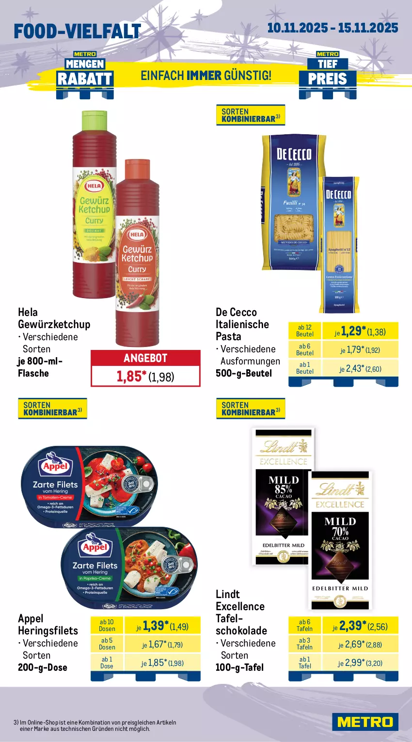 Aktueller Prospekt Metro - Wochen-Angebote - von 10.11 bis 15.11.2025 - strona 11 - produkty: angebot, auer, aufschnitt, Bau, Bauer, berliner, beutel, bratwurst, De Cecco, ecco, eis, elle, filet, filets, flasche, frucht, geback, gewürz, gewürzketchup, Hela, hering, Herings, heringsfilets, Heu, italienische pasta, ketchup, Knödel, lindt, pasta, reis, ring, schnitten, schoko, schokolade, tafelschokolade, Ti, wiesbauer, wurst