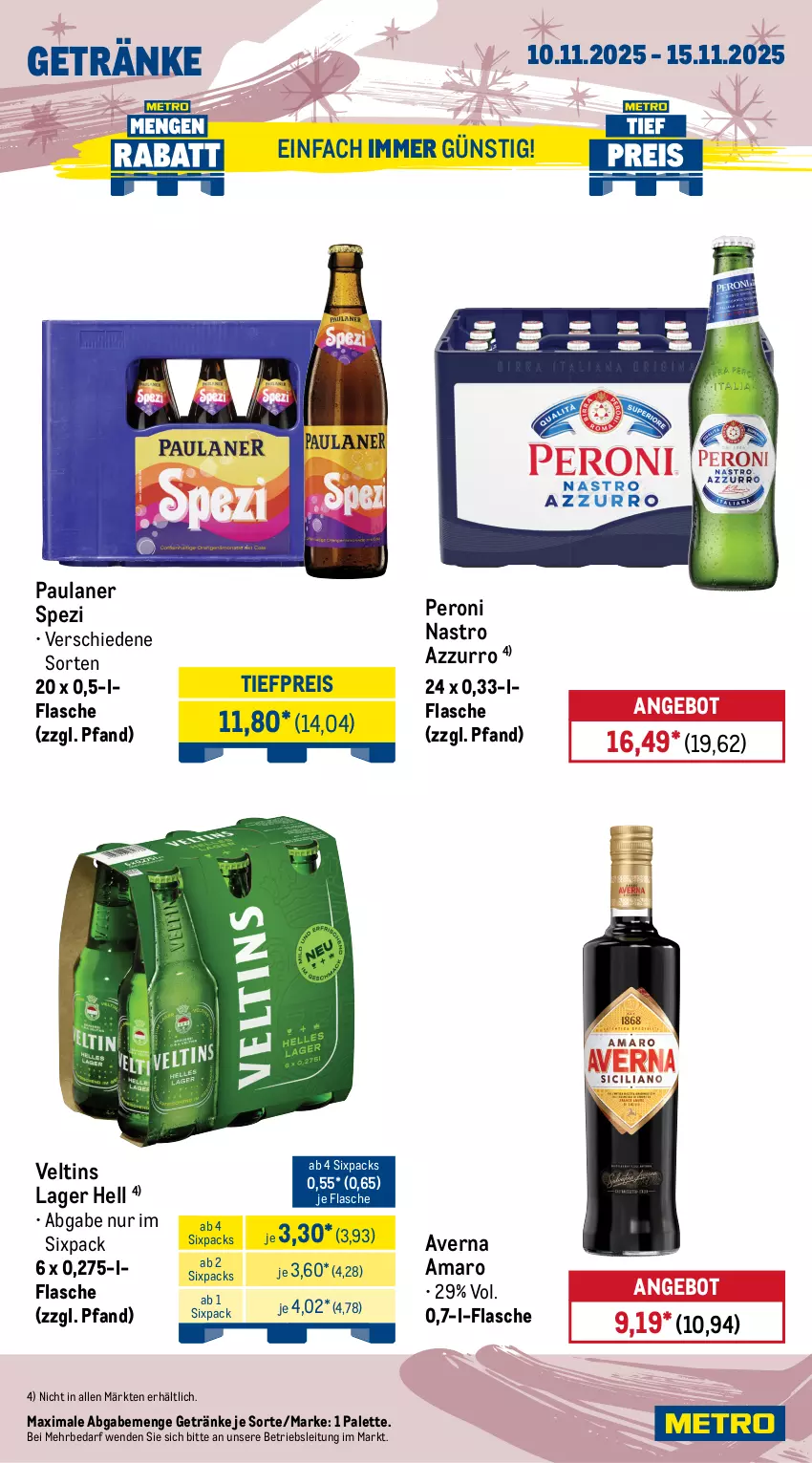 Aktueller Prospekt Metro - Wochen-Angebote - von 10.11 bis 15.11.2025 - strona 15 - produkty: amaro, angebot, averna, bella crema, bohne, drink, eis, energy drink, flasche, getränk, getränke, kaffee, melitta, merci, Metro, Palette, Paula, paulaner, Peroni, red bull, reis, röstkaffee, Spezi, Ti, tiefpreis, veltins