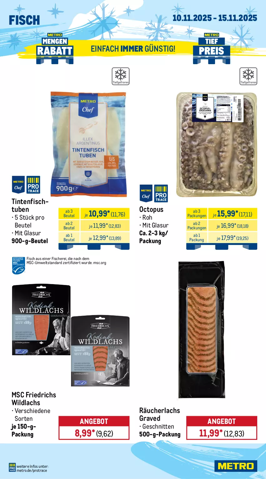 Aktueller Prospekt Metro - Wochen-Angebote - von 10.11 bis 15.11.2025 - strona 6 - produkty: angebot, beutel, clementinen, eis, fisch, fische, Fischer, frucht, früchte, grana, Granatäpfel, küche, Küchen, lachs, melone, melonen, Metro, obst, Rana, Räucherlachs, reis, Schere, schnitten, Ti, tiefpreis, Wild, wildlachs