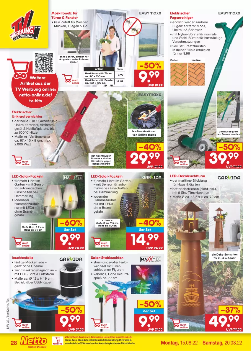 Aktueller Prospekt Netto Marken-Discount - Filial-Angebote - von 15.08 bis 20.08.2022 - strona 28 - produkty: auto, batterie, bürste, bürsten, eis, fenster, Garten, grill, grillholzkohle, Holz, holzkohle, Kraut, lamm, led-licht, leds, Leuchte, leuchten, Liege, mac, moskitonetz, ndk, reiniger, reis, Schal, sekt, Ti, timer, tisch, unkrautvernichter, usb, versandkostenfrei