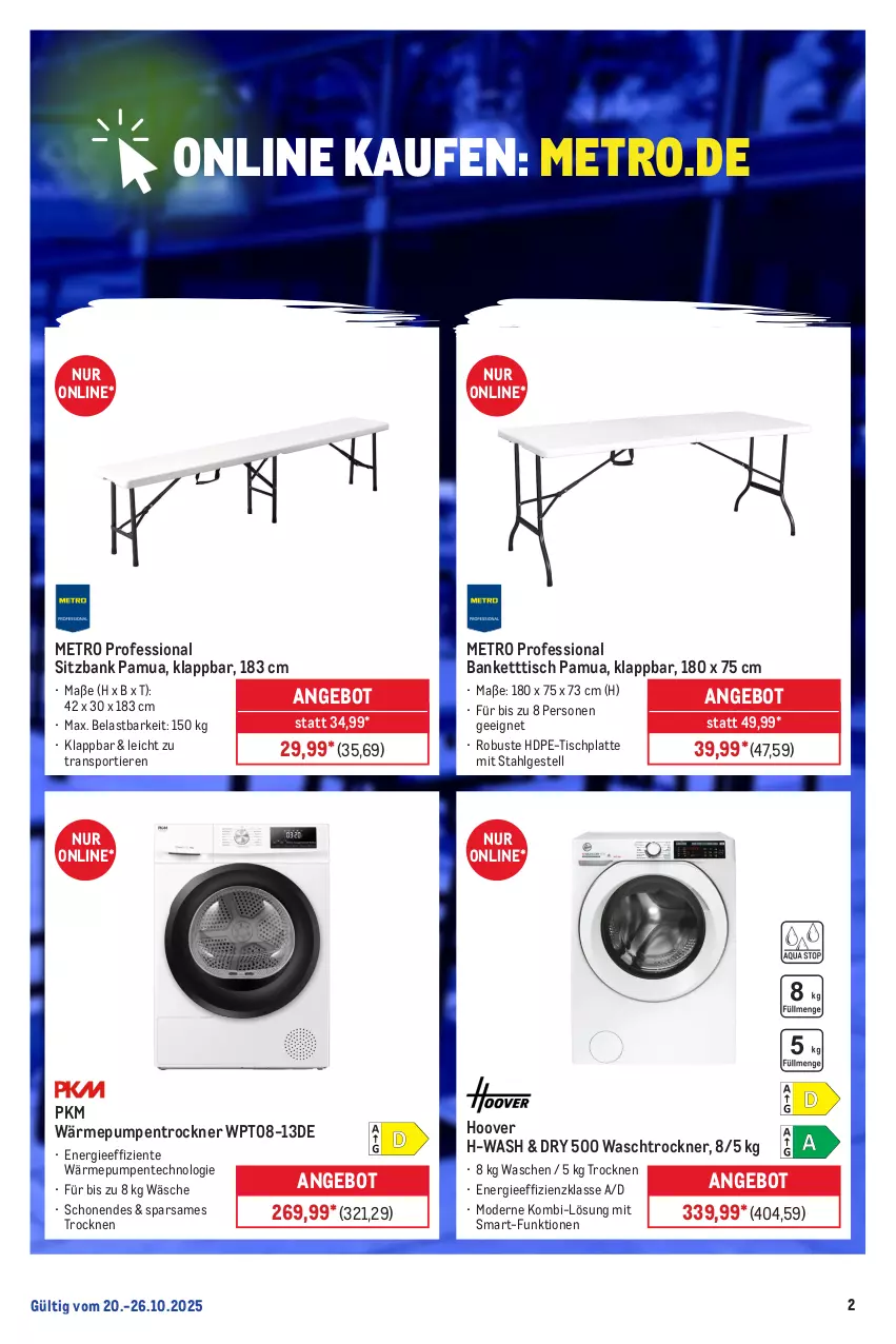Aktueller Prospekt Metro - Online: Wochen-Angebote - von 20.10 bis 26.10.2025 - strona 2 - produkty: angebot, Bank, ente, hoover, HP, latte, LG, Metro, Mode, sitzbank, Sport, Ti, Tiere, tisch, tischplatte, Trockner, wärmepumpentrockner, waschtrockner