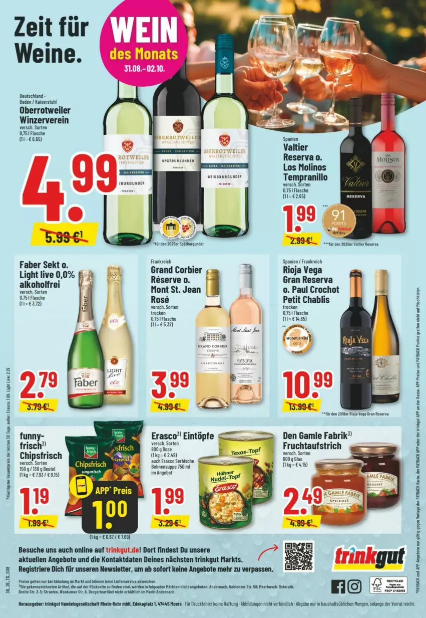Aktueller Prospekt Trinkgut - Prospekte - von 30.08 bis 05.09.2026 - strona 10 - produkty: alkohol, angebot, angebote, Bad, beutel, bier, Brei, chips, chipsfrisch, deka, den gamle, eintöpfe, eis, elle, erasco, flasche, frucht, Kaiser, lieferservice, reis, rioja, stuhl, tempranillo, Ti, wein, weine, ZTE