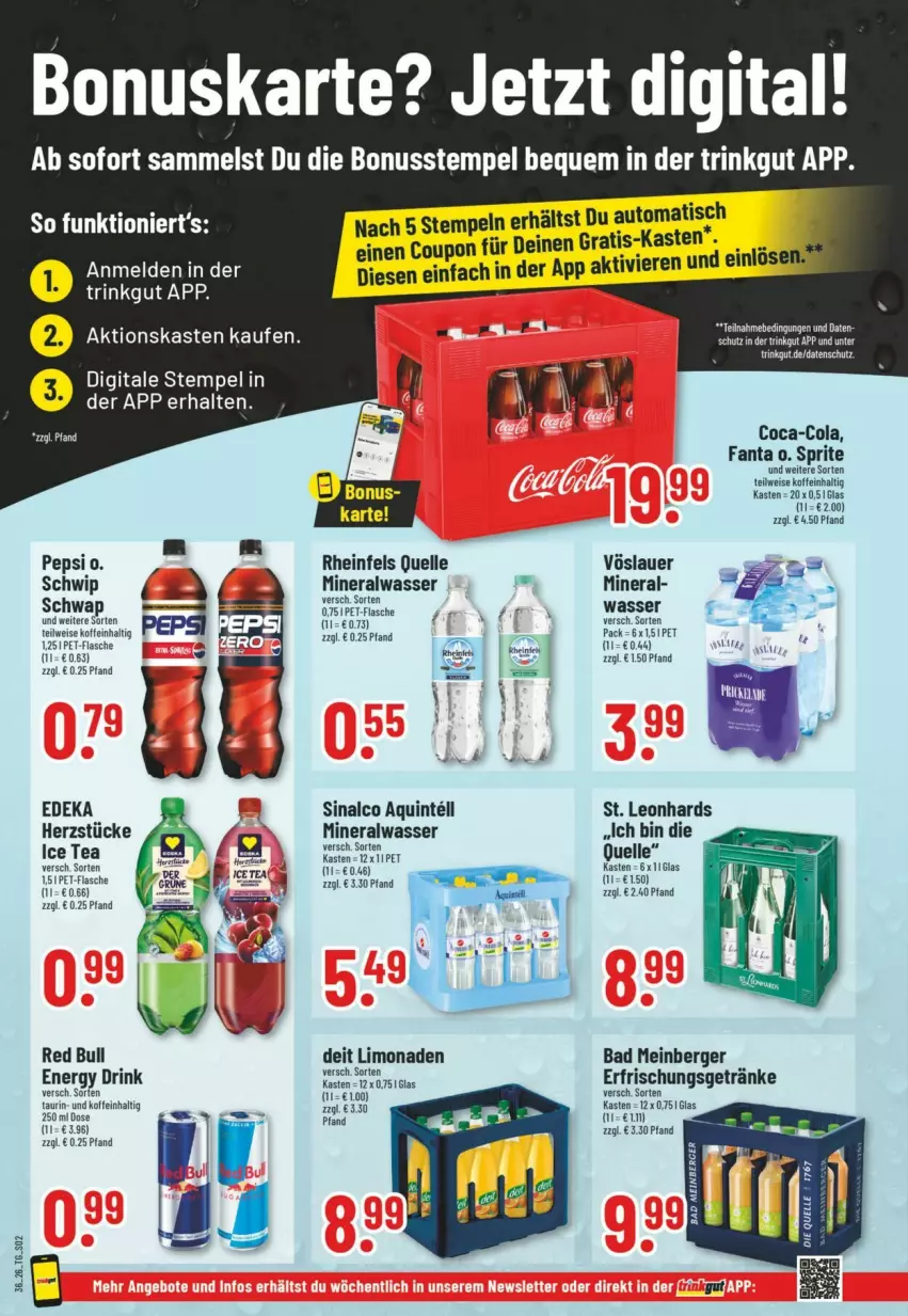 Aktueller Prospekt Trinkgut - Prospekte - von 30.08 bis 05.09.2026 - strona 2 - produkty: Alwa, auer, auto, Bad, Berger, coca-cola, cola, coupon, deit, deka, drink, eis, elle, energy drink, erfrischungsgetränk, erfrischungsgetränke, fanta, flasche, getränk, getränke, ice tea, Intel, limo, limonade, limonaden, mineralwasser, nuss, pepsi, pet-flasche, red bull, rheinfels quelle, Schwip Schwap, sinalco, sprite, Ti, tisch, vöslauer, wasser
