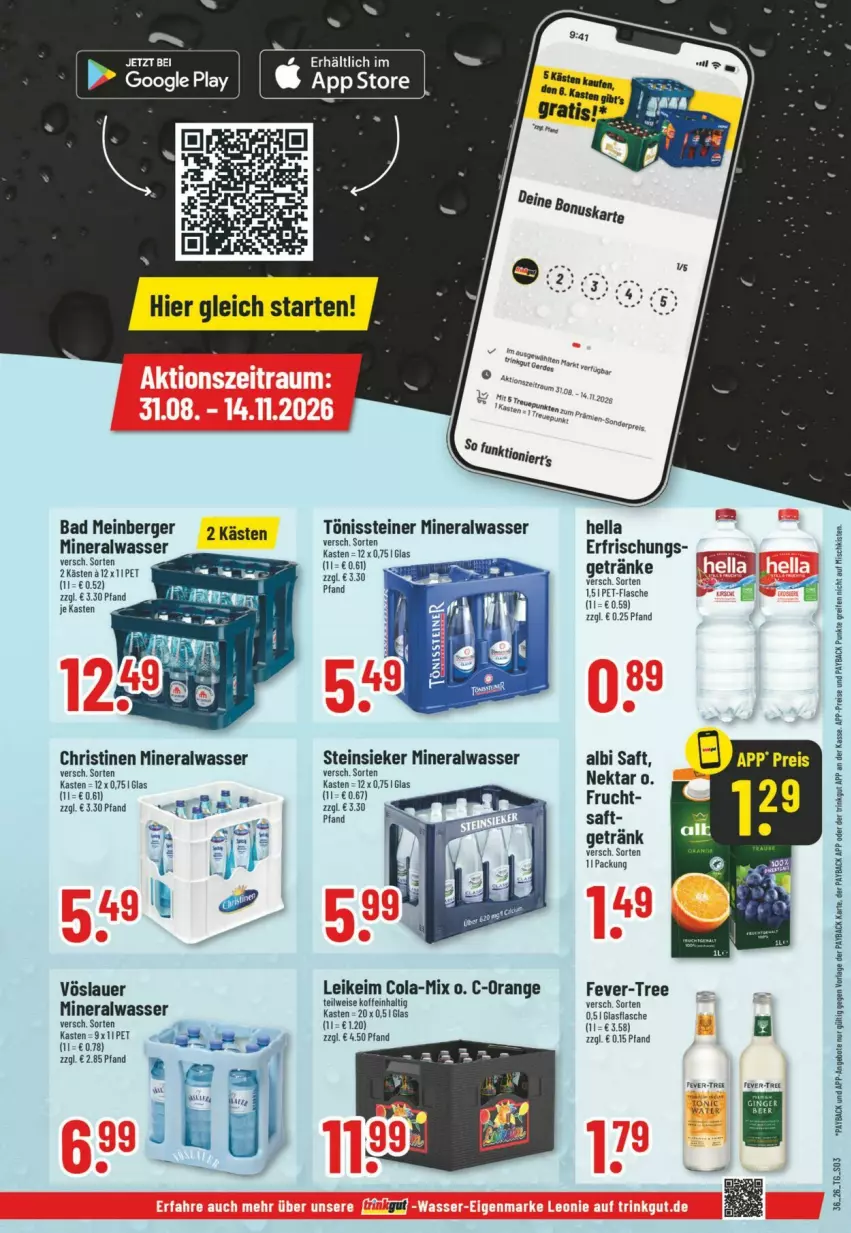 Aktueller Prospekt Trinkgut - Prospekte - von 30.08 bis 05.09.2026 - strona 3 - produkty: Alwa, auer, Bad, Berger, cola, eis, elle, fever-tree, flasche, getränk, hella, mineralwasser, Nektar, orange, pet-flasche, saft, steiner, Steinsieker, Ti, vöslauer, wasser