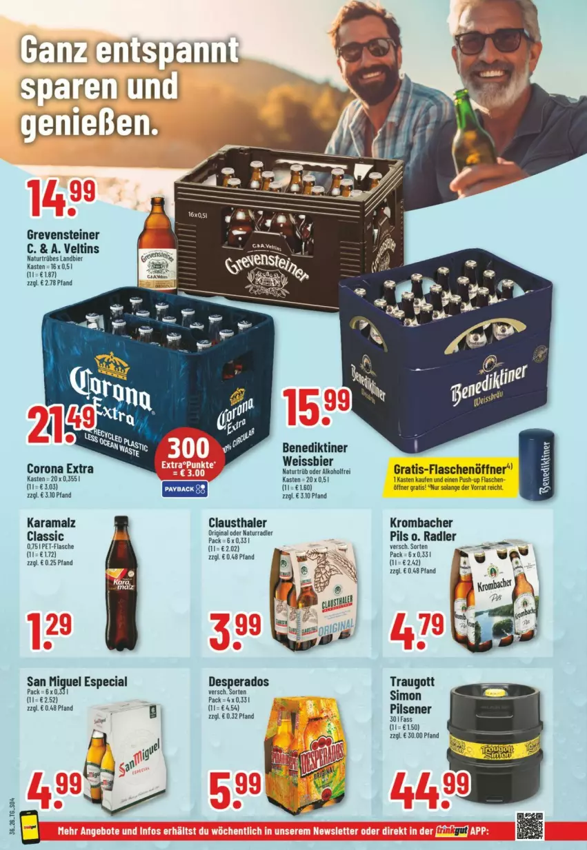 Aktueller Prospekt Trinkgut - Prospekte - von 30.08 bis 05.09.2026 - strona 4 - produkty: alkohol, aust, Benediktiner, bier, clausthaler, corona, corona extra, desperados, eis, flasche, flaschenöffner, gin, grevensteiner, karamalz, krombache, krombacher, malz, natur, pet-flasche, pils, Push-up, radler, rama, sim, steiner, tee, Ti, veltins, weissbier