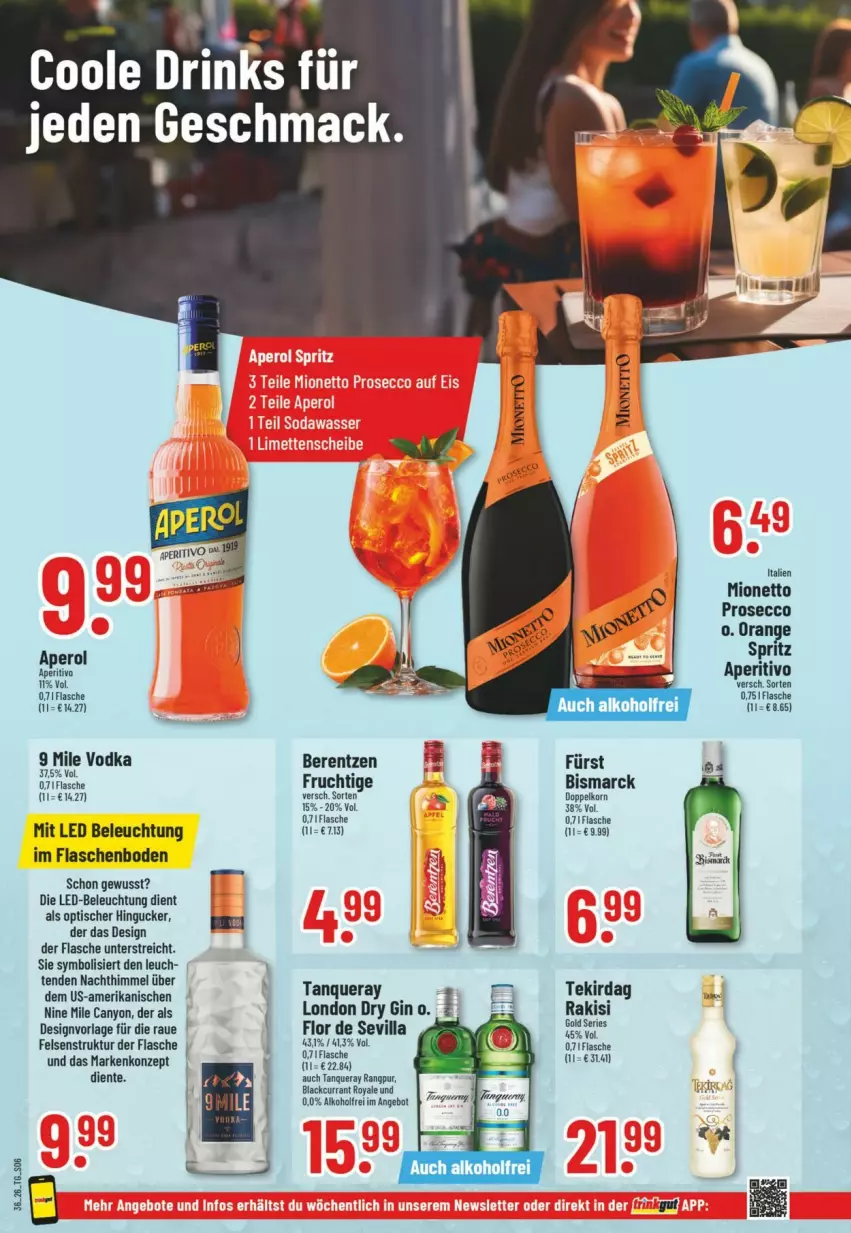 Aktueller Prospekt Trinkgut - Prospekte - von 30.08 bis 05.09.2026 - strona 8 - produkty: alkohol, angebot, aperol, beleuchtung, berentzen, bismarck, Currant, doppelkorn, dry gin, ecco, ente, flasche, frucht, gin, korn, lack, led-beleuchtung, london dry, london dry gin, mac, mionetto, orange, prosecco, Tanqueray, Ti, tisch, vodka, Yo
