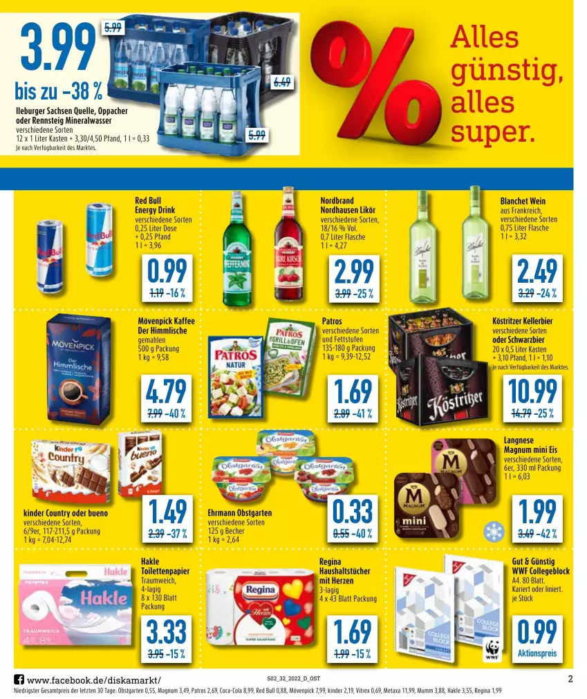 Aktueller Prospekt Diska - Prospekte - von 08.08 bis 13.08.2022 - strona 2 - produkty: aktionspreis, Alwa, Becher, bier, burger, coca-cola, cola, collegeblock, drink, ehrmann, eis, elle, energy drink, flasche, Garten, gin, hakle, haushaltstücher, kaffee, kellerbier, Kinder, kinder country, köstritzer, langnese, likör, magnum, Magnum Mini, Metaxa, mineralwasser, mövenpick, mövenpick kaffee, mumm, nordbrand, obst, obstgarten, papier, patros, red bull, reis, sac, Ti, toilettenpapier, tücher, vitrex, wasser, wein, ZTE