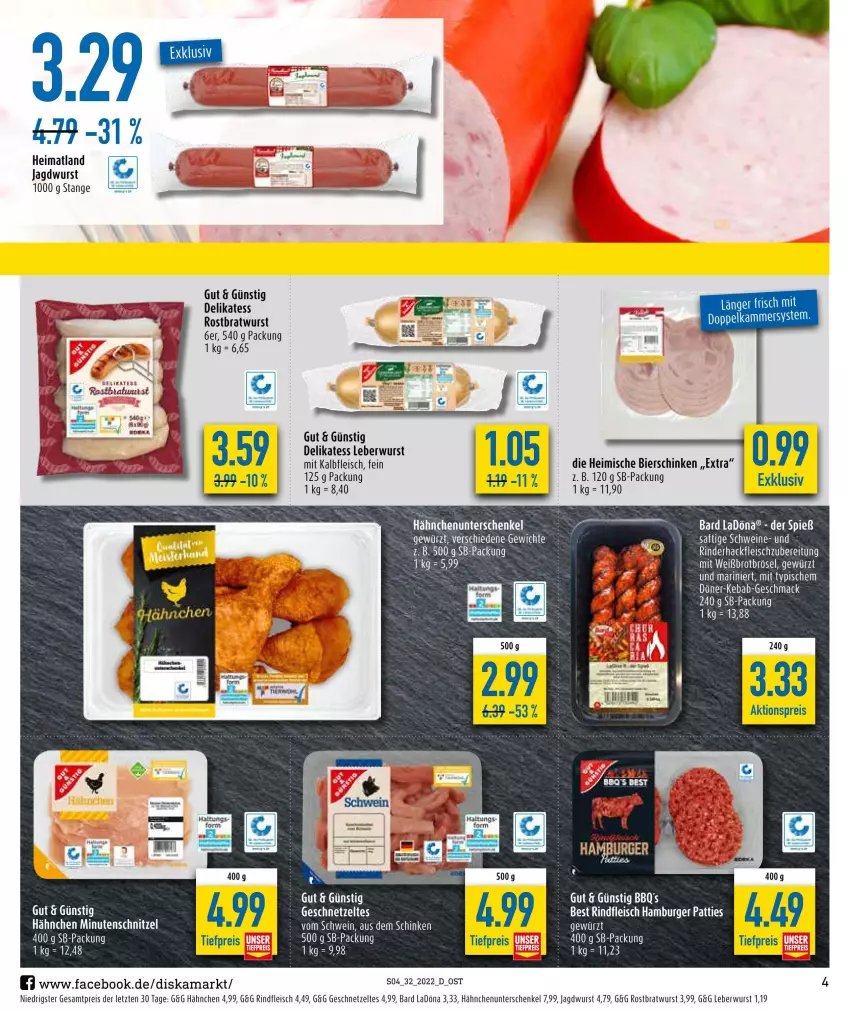 Aktueller Prospekt Diska - Prospekte - von 08.08 bis 13.08.2022 - strona 4 - produkty: aktionspreis, bier, bierschinken, bratwurst, brot, burger, eis, fleisch, geschnetzeltes, gewürz, hackfleisch, hamburger, henkel, jagdwurst, Kalbfleisch, leberwurst, mac, mit kalbfleisch, reis, rind, rinder, rinderhackfleisch, rindfleisch, rostbratwurst, saft, schenkel, schinken, schwein, schweine, Ti, tiefpreis, wein, weine, wurst, Zelt, ZTE