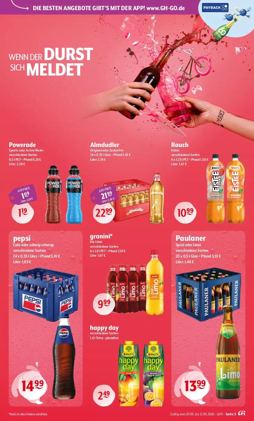 Aktueller Prospekt Getraenke Hoffmann - Prospekte - von 07.09 bis 12.09.2026 - strona 3 - produkty: almdudler, angebot, angebote, cola, eis, eistee, gin, granini, Happy Day, limo, Paula, paulaner, pepsi, Pepsi Cola, Rauch, Schwip Schwap, Spezi, Sport, tee, Ti, zucker