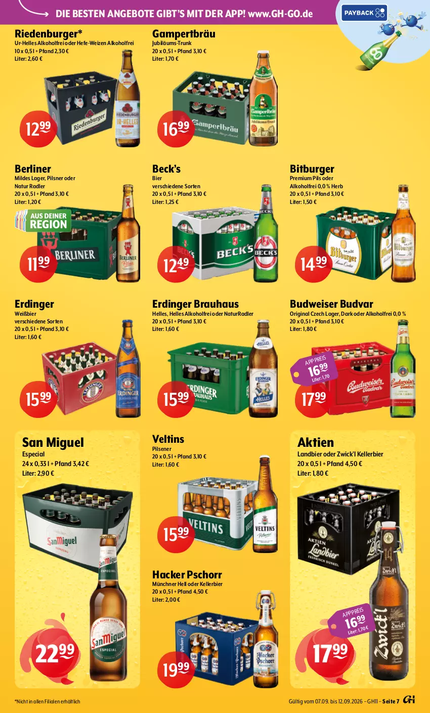 Aktueller Prospekt Getraenke Hoffmann - Prospekte - von 07.09 bis 12.09.2026 - strona 7 - produkty: alkohol, angebot, angebote, berliner, bier, bitburger, budweiser, burger, eis, elle, erdinger, gin, hacker pschorr, Hefe, Jubiläums, kellerbier, natur, natur radler, pils, pilsener, pilsner, premium pils, radler, Ti, veltins, veltins pilsener, WICK