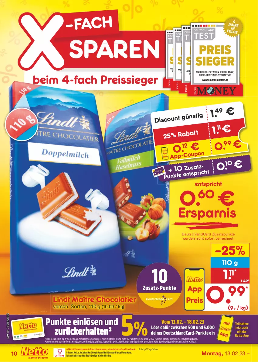 Aktueller Prospekt Netto Marken-Discount - Filial-Angebote - von 13.02 bis 18.02.2023 - strona 10 - produkty: bestpreis, cola, coupon, deutschlandcard, discount, eis, erde, gutschein, gutscheine, lindt, ndk, reis, reiss, tee, Ti