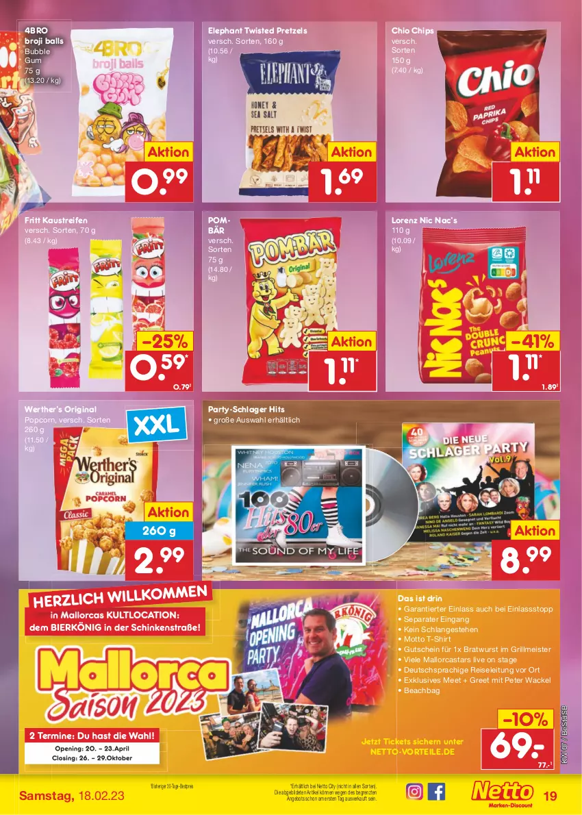 Aktueller Prospekt Netto Marken-Discount - Filial-Angebote - von 13.02 bis 18.02.2023 - strona 19 - produkty: angebot, aust, ball, bestpreis, bier, bratwurst, chio chips, chips, deutschsprachige reiseleitung, eis, gin, grill, gutschein, Kaustreifen, lorenz, Meister, popcorn, Pretzel, pril, reifen, reis, schinken, shirt, T-Shirt, Ti, wurst, ZTE