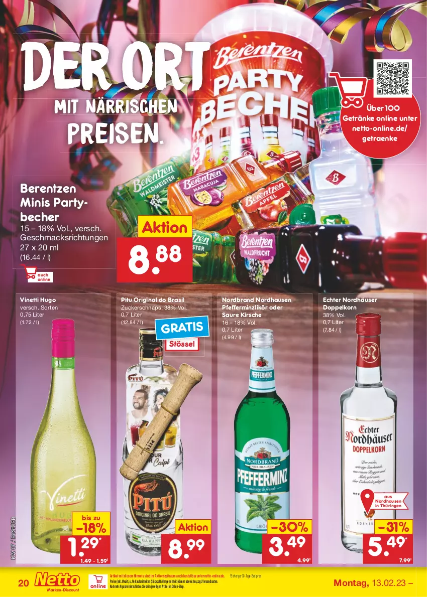 Aktueller Prospekt Netto Marken-Discount - Filial-Angebote - von 13.02 bis 18.02.2023 - strona 20 - produkty: Becher, berentzen, bestpreis, doppelkorn, eis, getränk, getränke, gin, hugo, kirsch, kirsche, korn, likör, mac, ndk, nordbrand, pfeffer, pfefferminzlikör, reis, ring, Ti, zucker