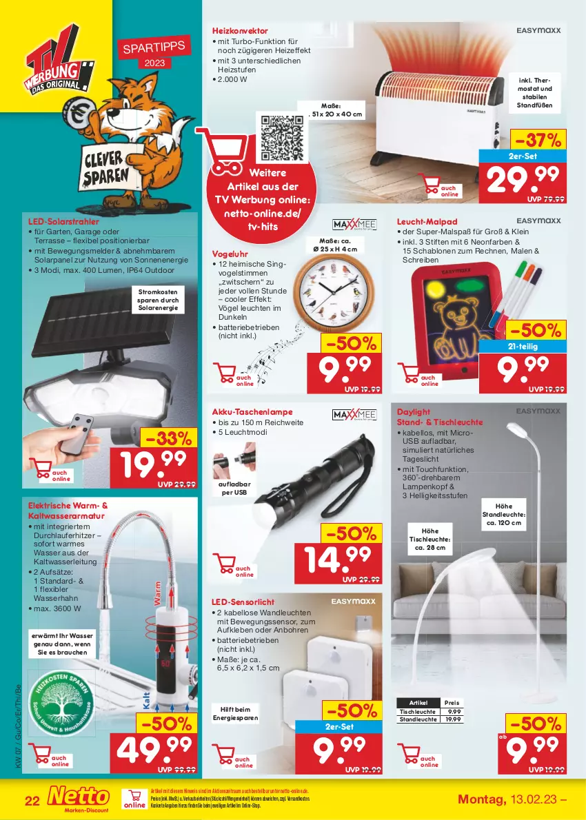 Aktueller Prospekt Netto Marken-Discount - Filial-Angebote - von 13.02 bis 18.02.2023 - strona 22 - produkty: akku, armatur, batterie, Bewegungssensor, eis, Garten, Lampe, Leuchte, leuchten, ndk, Rauch, reis, sim, spartipp, stifte, Tasche, taschen, taschenlampe, thermostat, Ti, tisch, tischleuchte, uhr, usb, wasser