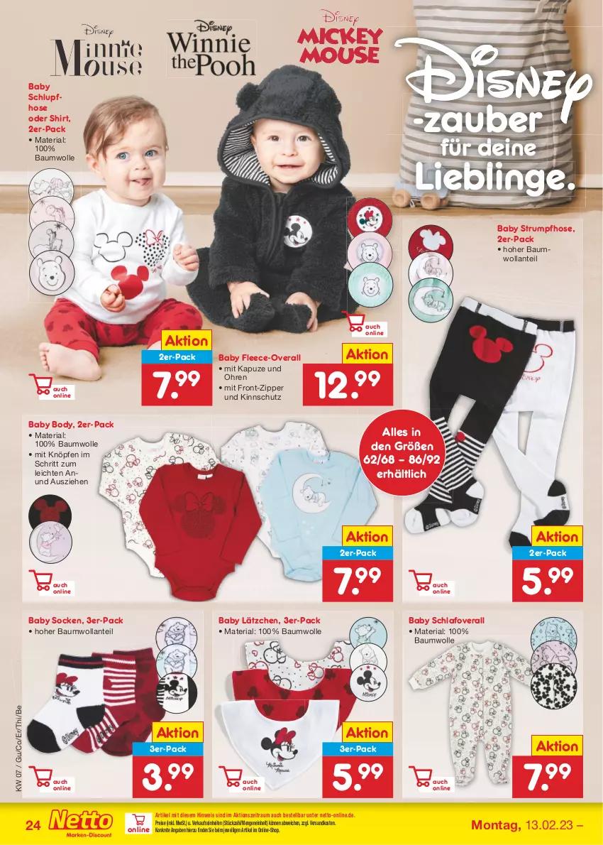 Aktueller Prospekt Netto Marken-Discount - Filial-Angebote - von 13.02 bis 18.02.2023 - strona 24 - produkty: Bau, baumwolle, body, eis, hose, Lätzche, ndk, Overall, reis, Ria, rum, shirt, socken, Strumpfhose, Ti, wolle, zipper