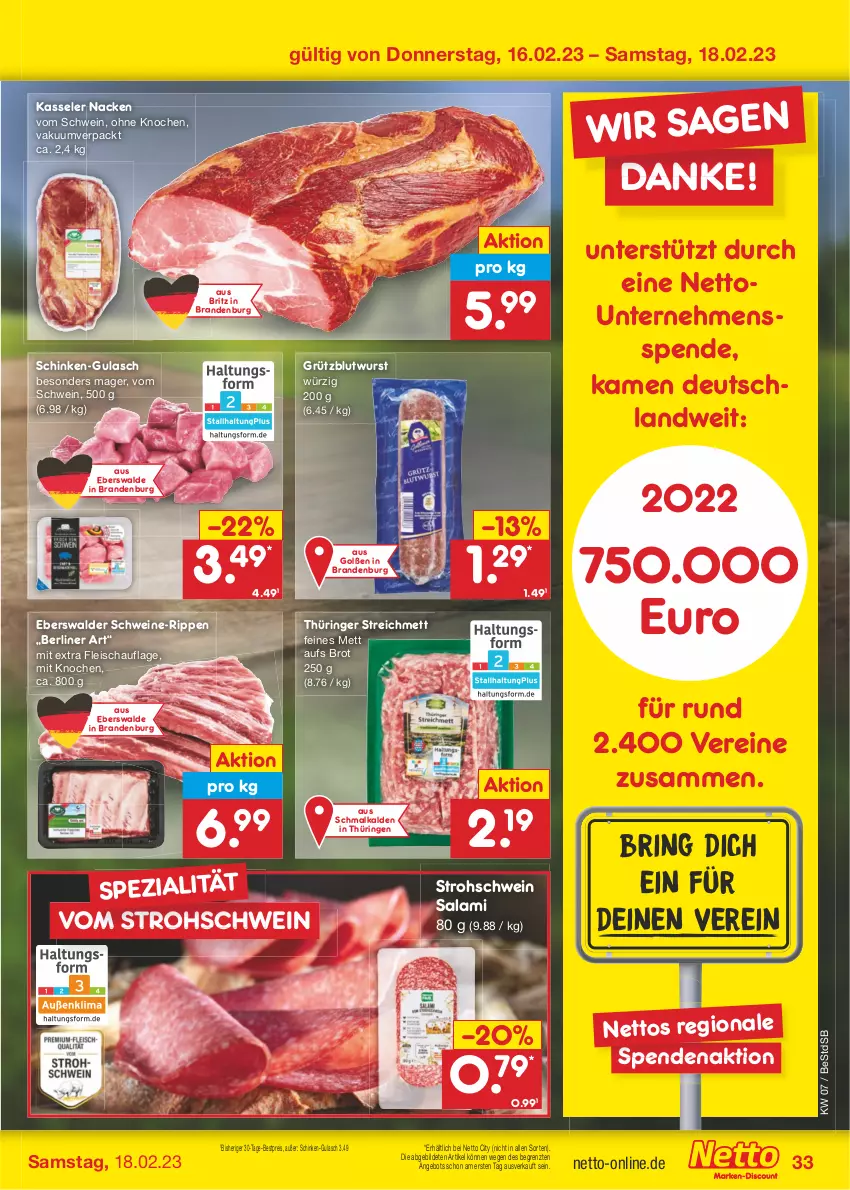 Aktueller Prospekt Netto Marken-Discount - Filial-Angebote - von 13.02 bis 18.02.2023 - strona 33 - produkty: angebot, berliner, bestpreis, brot, eis, fleisch, gulasch, kasseler, Mett, reis, ring, Rippen, salami, schinken, schwein, schweine, Spezi, Ti, wein, weine, wurst, ZTE