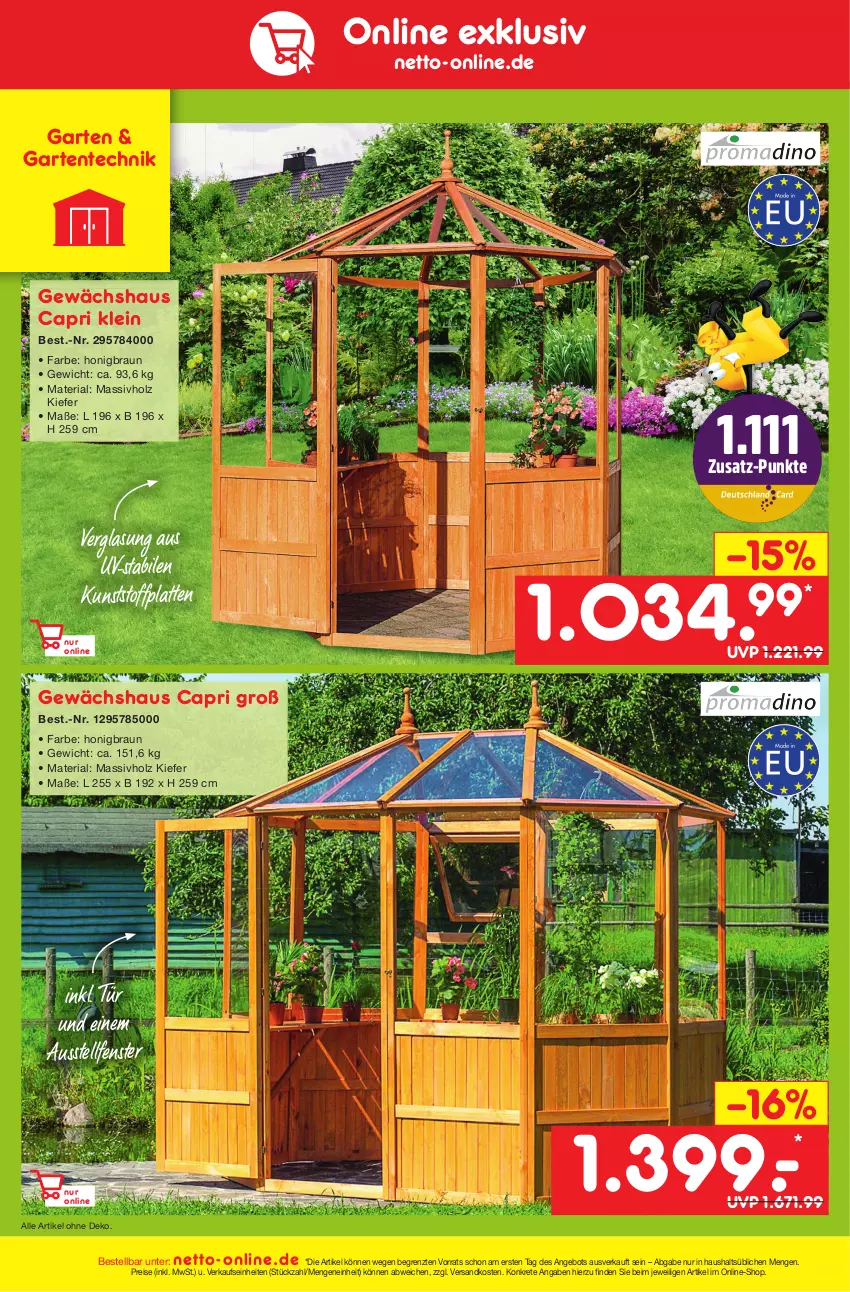 Aktueller Prospekt Netto Marken-Discount - Filial-Angebote - von 13.02 bis 18.02.2023 - strona 44 - produkty: angebot, braun, Cap, eis, ente, fenster, Garten, Gewächshaus, Holz, honig, massivholz, ndk, reis, Ria, Ti, ZTE