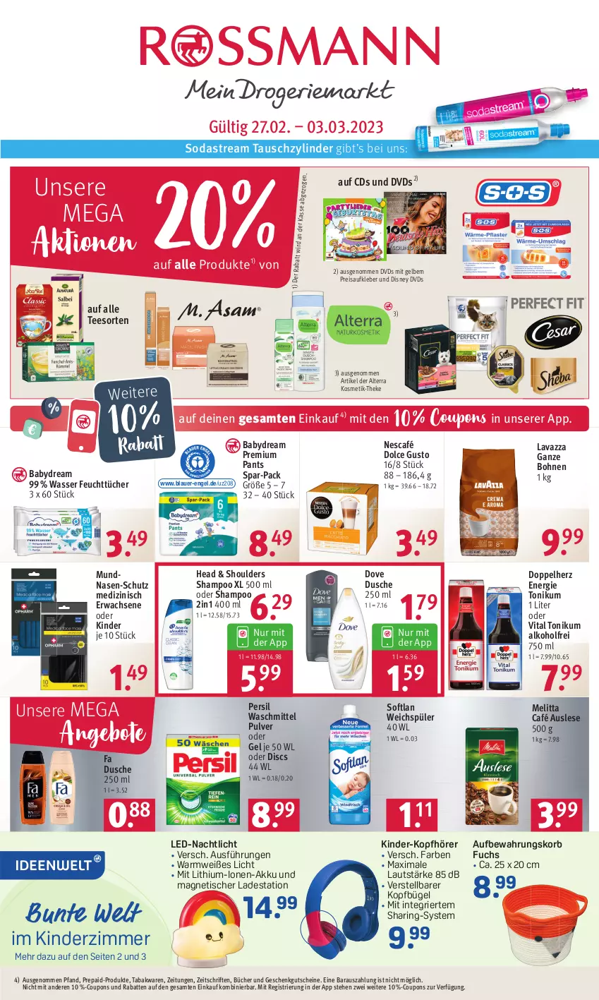 Aktueller Prospekt Rossmann - Prospekte - von 27.02 bis 03.03.2023 - strona 1 - produkty: akku, alkohol, alterra, angebot, angebote, auer, Aufkleber, babydream, bohne, bohnen, bügel, coupon, coupons, disney, dolce gusto, doppelherz, dove, dusche, dvd, eis, Engel, feuchttücher, gutschein, gutscheine, Kinder, Kinderzimmer, kleber, kopfhörer, korb, kosmetik, lavazza, lavazza ganze bohne, melitta, Nachtlicht, Nescafé, Pants, persil, persil waschmittel, reis, ring, shampoo, Soda, sodastream, Softlan, tee, Ti, tisch, tücher, vita, waschmittel, wasser, weichspüler