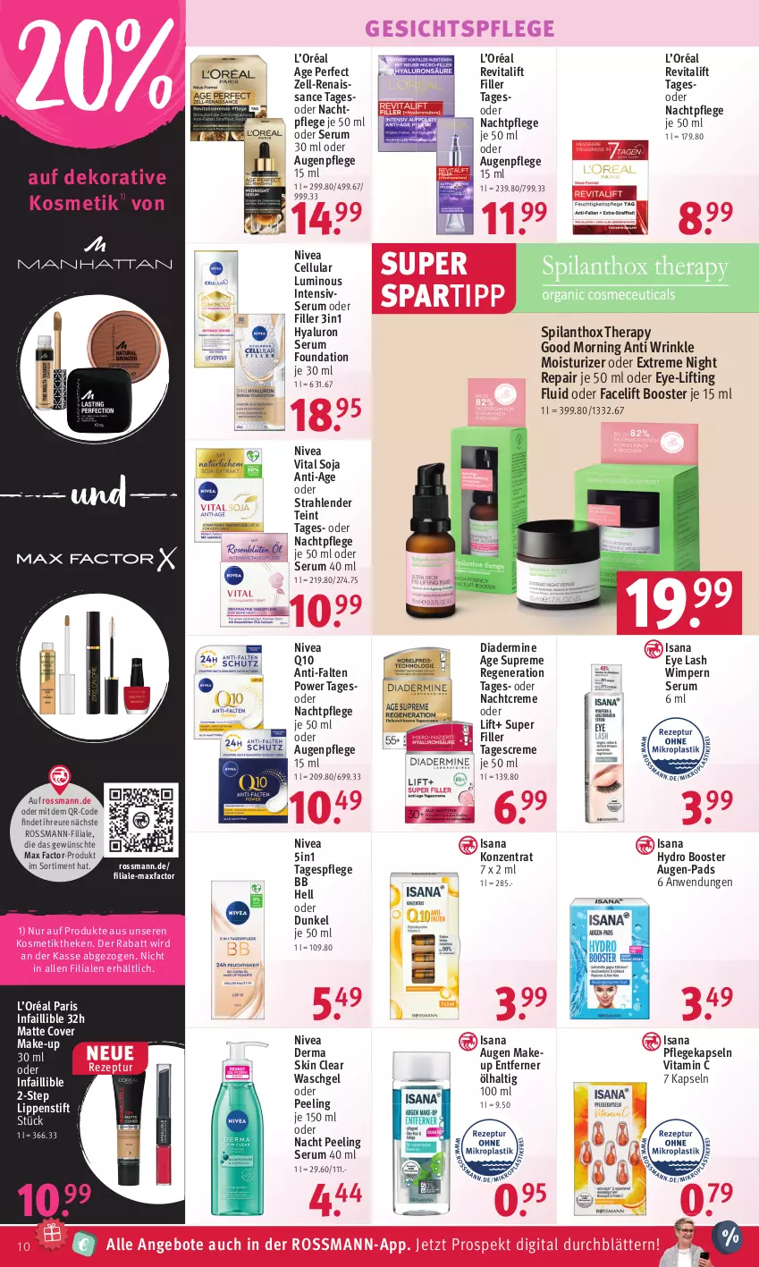 Aktueller Prospekt Rossmann - Prospekte - von 27.02 bis 03.03.2023 - strona 10 - produkty: angebot, angebote, Augenpflege, creme, Diadermine, gesichtspflege, hyaluron, isana, kosmetik, Lippenstift, Make-up, Max Factor, nachtcreme, nachtpflege, nivea, Peeling, Q10, Revital, revitalift, rezept, rum, sana, Serum, soja, spartipp, tagescreme, Tagespflege, Ti, vita, Vitamin C, waschgel