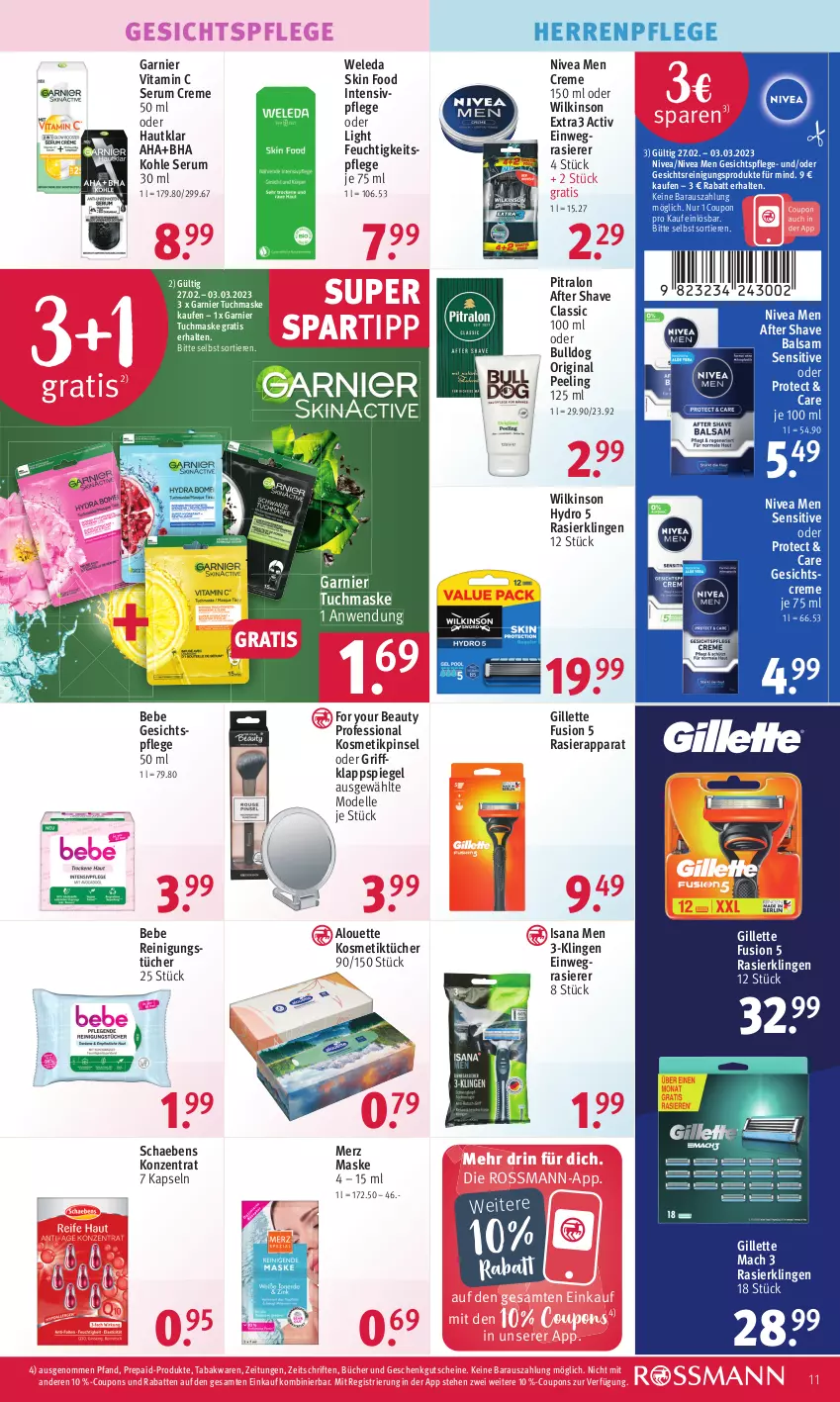 Aktueller Prospekt Rossmann - Prospekte - von 27.02 bis 03.03.2023 - strona 11 - produkty: after shave, alouette, balsam, Bebe, Bulldog, coupon, coupons, creme, dell, einwegrasierer, elle, feuchtigkeitspflege, For Your Beauty, garnier, Gesichtscreme, gesichtspflege, gillette, gin, gutschein, gutscheine, isana, kosmetik, Kosmetiktücher, mac, Maske, Mode, nivea, Nivea Men, Peeling, Pinsel, rasierapparat, rasierer, Rasierklinge, rasierklingen, Reinigung, reinigungstücher, rum, sana, Schaebens, Serum, spartipp, spiegel, Ti, Tiere, tuc, tücher, tuchmaske, vita, Vitamin C, weleda, wilkinson, Yo