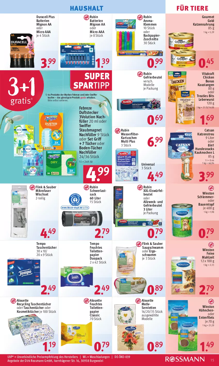 Aktueller Prospekt Rossmann - Prospekte - von 27.02 bis 03.03.2023 - strona 15 - produkty: alouette, angebot, angebote, auer, aust, batterie, batterien, Bau, Bauer, beutel, Bona, catsan, Clin, dell, eis, eiswürfel, elle, Engel, ente, febreze, feuchtes toilettenpapier, filet, filets, filterkartuschen, gefrierbeutel, gourmet gold, hundesnack, hundesnacks, katzennahrung, Katzenstreu, kosmetik, Kosmetiktücher, kraft, leberwurst, mikrofaser, Mode, papier, reis, Rubin, sac, schwamm, Serviette, servietten, snack, snacks, spartipp, staubmagnet, swiffer, Tasche, taschen, taschentücher, teller, Tempo, Ti, Tiere, toilettenpapier, topf, tücher, vita, vitakraft, wasser, wasserfilter, weck, wedel, würfel, wurst