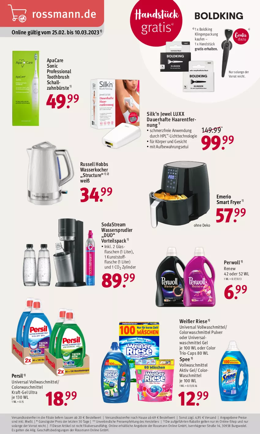 Aktueller Prospekt Rossmann - Prospekte - von 27.02 bis 03.03.2023 - strona 18 - produkty: aktiv gel, Alwa, angebot, angebote, auer, bürste, Cap, colorwaschmittel, eis, elle, flasche, Haarentfernung, HP, Kocher, kraft, LG, ndk, persil, perwoll, reis, russell hobbs, Schal, schallzahnbürste, Soda, sodastream, spee, teller, Ti, versandkostenfrei, vollwaschmittel, waschmittel, wasser, wasserkocher, wassersprudler, wedel, zahnbürste, ZTE