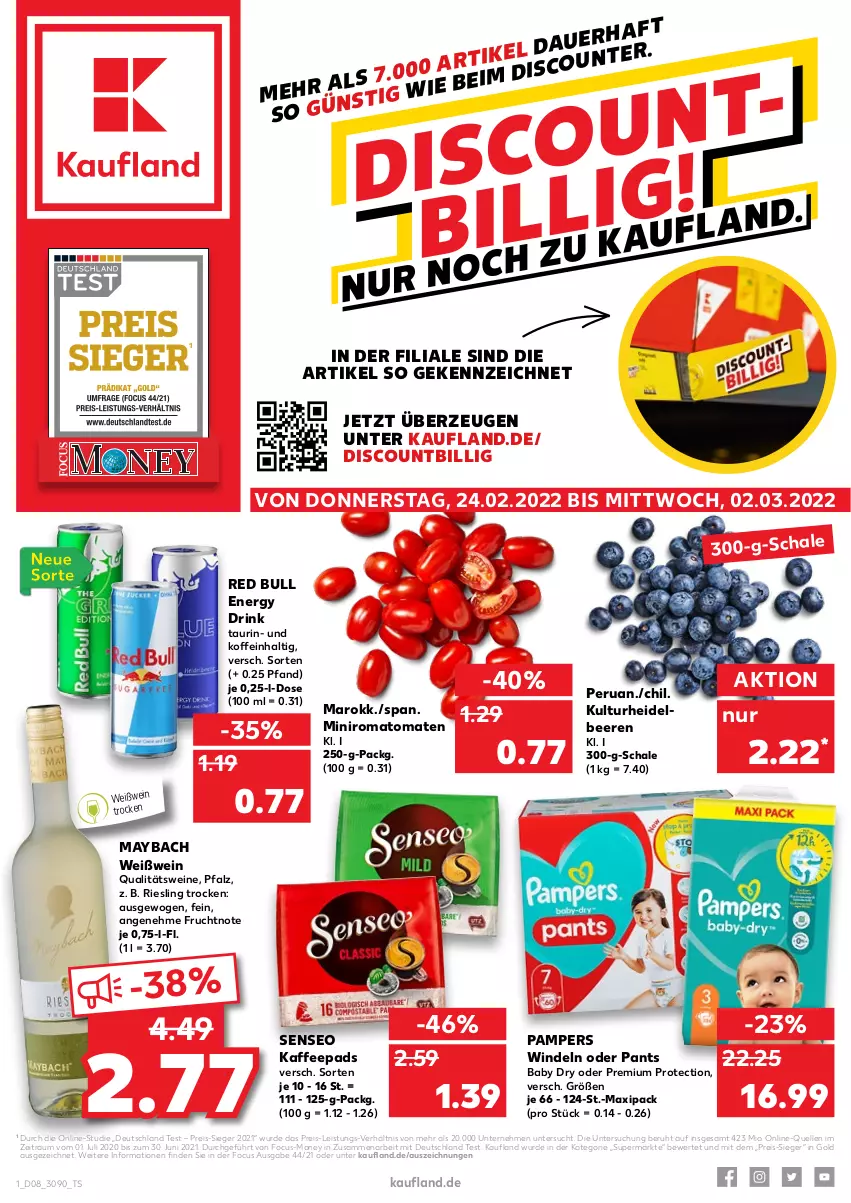 Aktueller Prospekt Kaufland - von 24.02 bis 02.03.2022 - strona 1 - produkty: beere, beeren, discount, drink, eis, elle, energy drink, frucht, heidelbeere, heidelbeeren, kaffee, kaffeepads, maybach, pampers, Pants, qualitätswein, qualitätsweine, red bull, reis, riesling, Romatomaten, Schal, Schale, senseo, Ti, tomate, tomaten, wein, weine, Weißwein, windeln, windeln oder pants