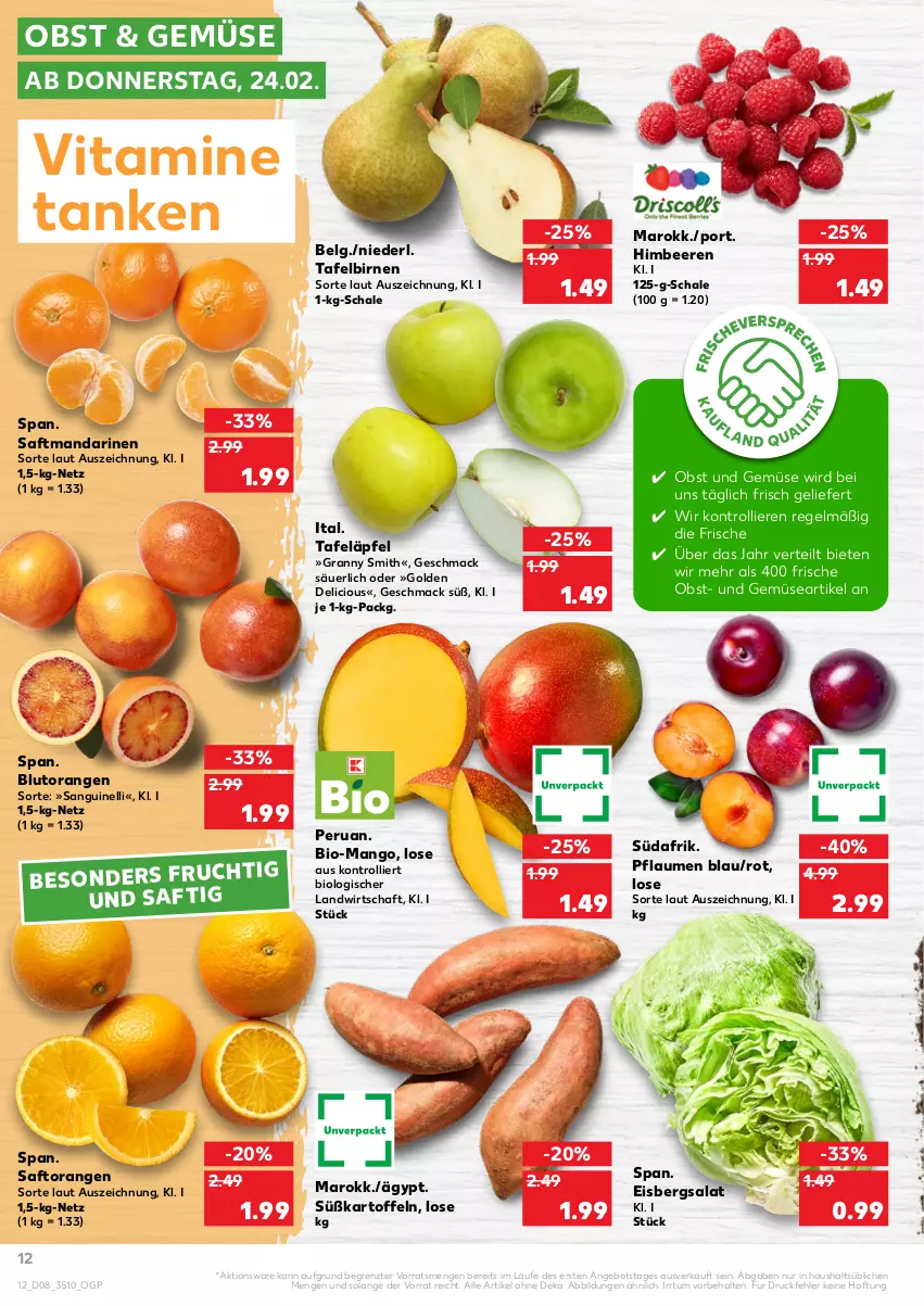 Aktueller Prospekt Kaufland - von 24.02 bis 02.03.2022 - strona 12 - produkty: angebot, beere, beeren, bio, Birnen, Blutorange, eis, eisbergsalat, himbeer, himbeere, himbeeren, kartoffel, kartoffeln, LG, mac, mandarine, mandarinen, mango, obst, Obst und Gemüse, orange, orangen, pflaume, pflaumen, saft, Saftorangen, salat, Schal, Schale, Süßkartoffeln, tafeläpfel, tafelbirnen, Ti, trolli, und gemüse, vita, Vitamine, ZTE