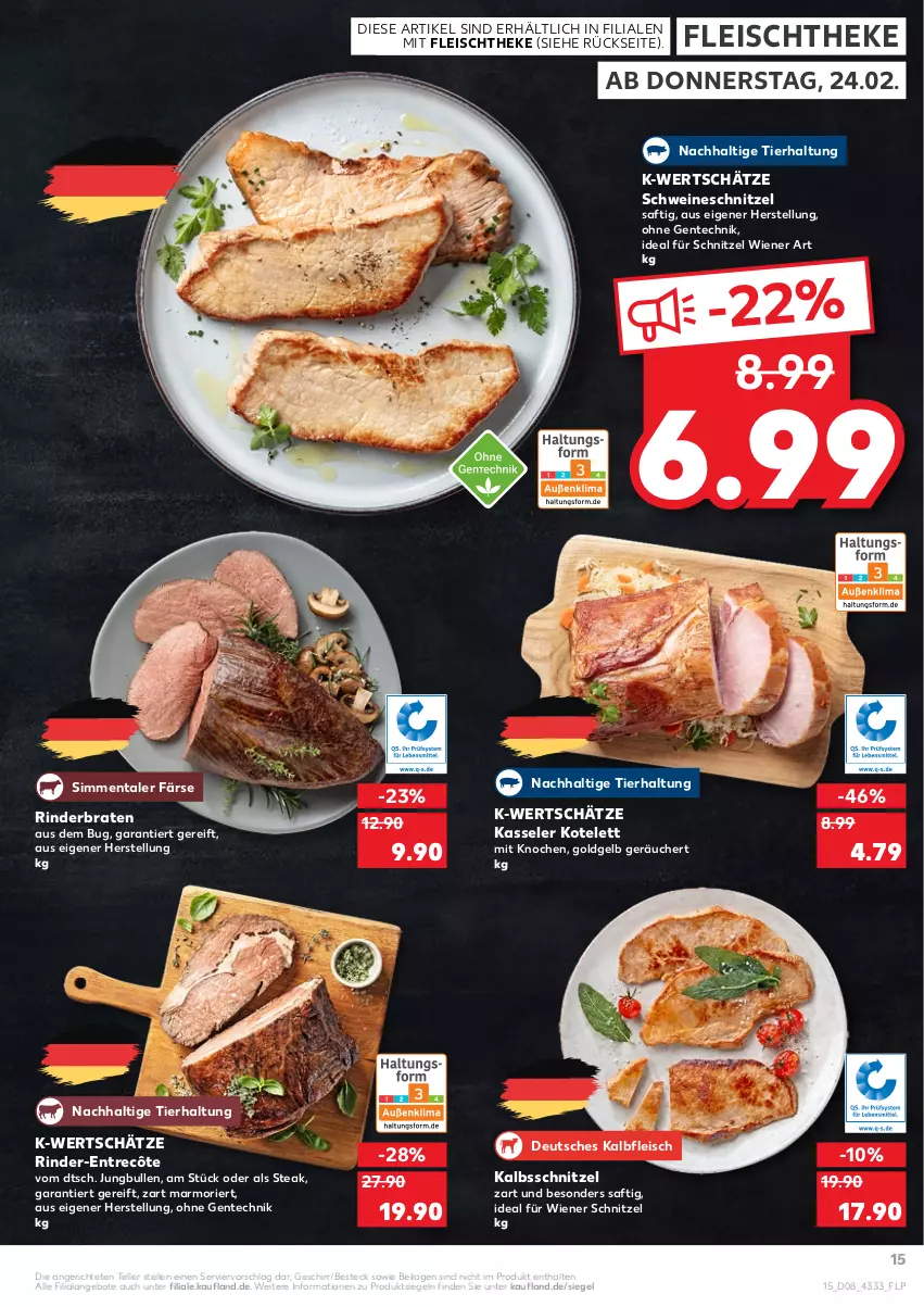 Aktueller Prospekt Kaufland - von 24.02 bis 02.03.2022 - strona 15 - produkty: angebot, angebote, besteck, braten, eis, elle, ente, entrecôte, fleisch, geschirr, ilag, jungbullen, Kalbfleisch, kalbsschnitzel, kasseler, kotelett, rind, rinder, rinderbraten, saft, schnitzel, schwein, schweine, schweineschnitzel, sim, steak, teller, Ti, wein, weine, wiener