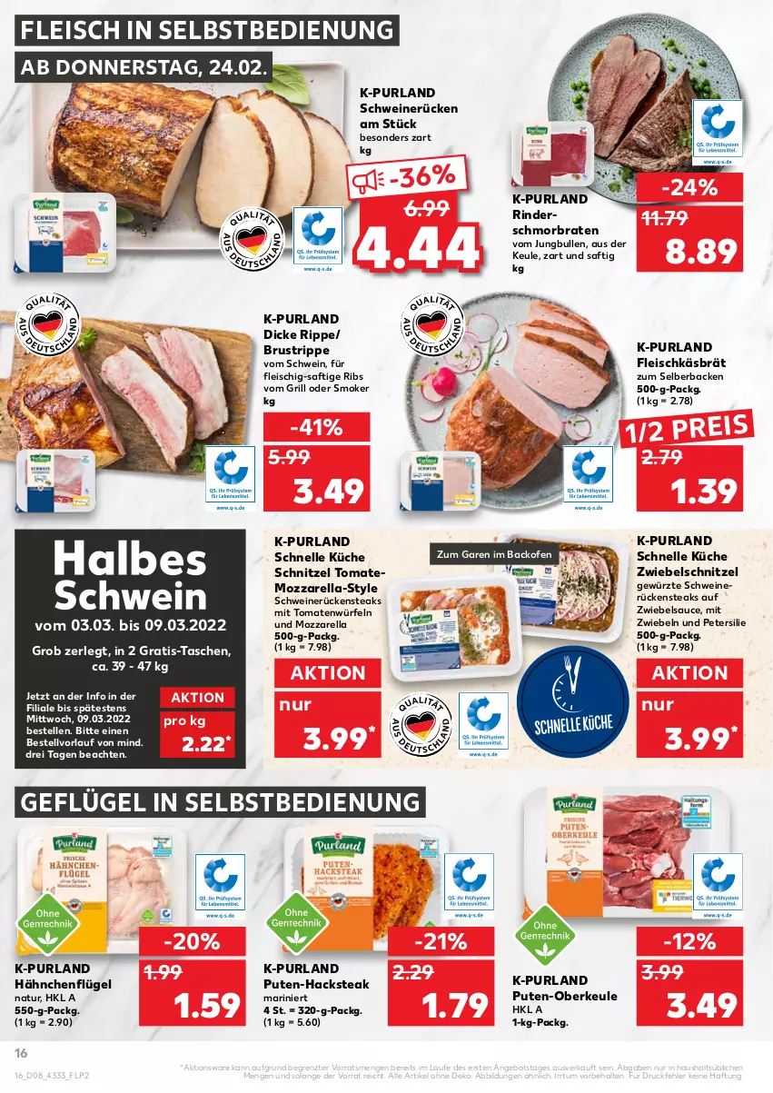 Aktueller Prospekt Kaufland - von 24.02 bis 02.03.2022 - strona 16 - produkty: angebot, backofen, braten, eis, elle, fleisch, fleisch in selbstbedienung, Geflügel, gewürz, grill, hähnchenflügel, jungbullen, küche, mit zwiebeln, mozzarella, natur, Ofen, petersilie, purland, pute, reis, rel, rind, rinder, Rückensteak, rückensteaks, saft, sauce, schmorbraten, schnitzel, schwein, schweine, schweinerücken, steak, steaks, Tasche, taschen, Ti, tomate, tomaten, wein, weine, würfel, ZTE, zwiebel, zwiebeln