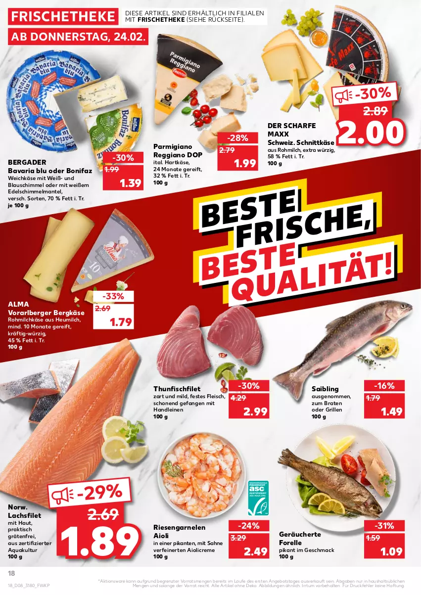 Aktueller Prospekt Kaufland - von 24.02 bis 02.03.2022 - strona 18 - produkty: aioli, angebot, aqua, bavaria blu, bergader, Berger, Bergkäse, braten, creme, eis, elle, filet, fisch, fleisch, forelle, garnelen, grill, hartkäse, Heu, heumilch, Käse, lachs, lachsfilet, leine, mac, Mantel, milch, parmigiano, parmigiano reggiano, reggiano, rel, Ria, riesengarnelen, sahne, Saibling, schnittkäse, thunfisch, Ti, tisch, weichkäse, ZTE