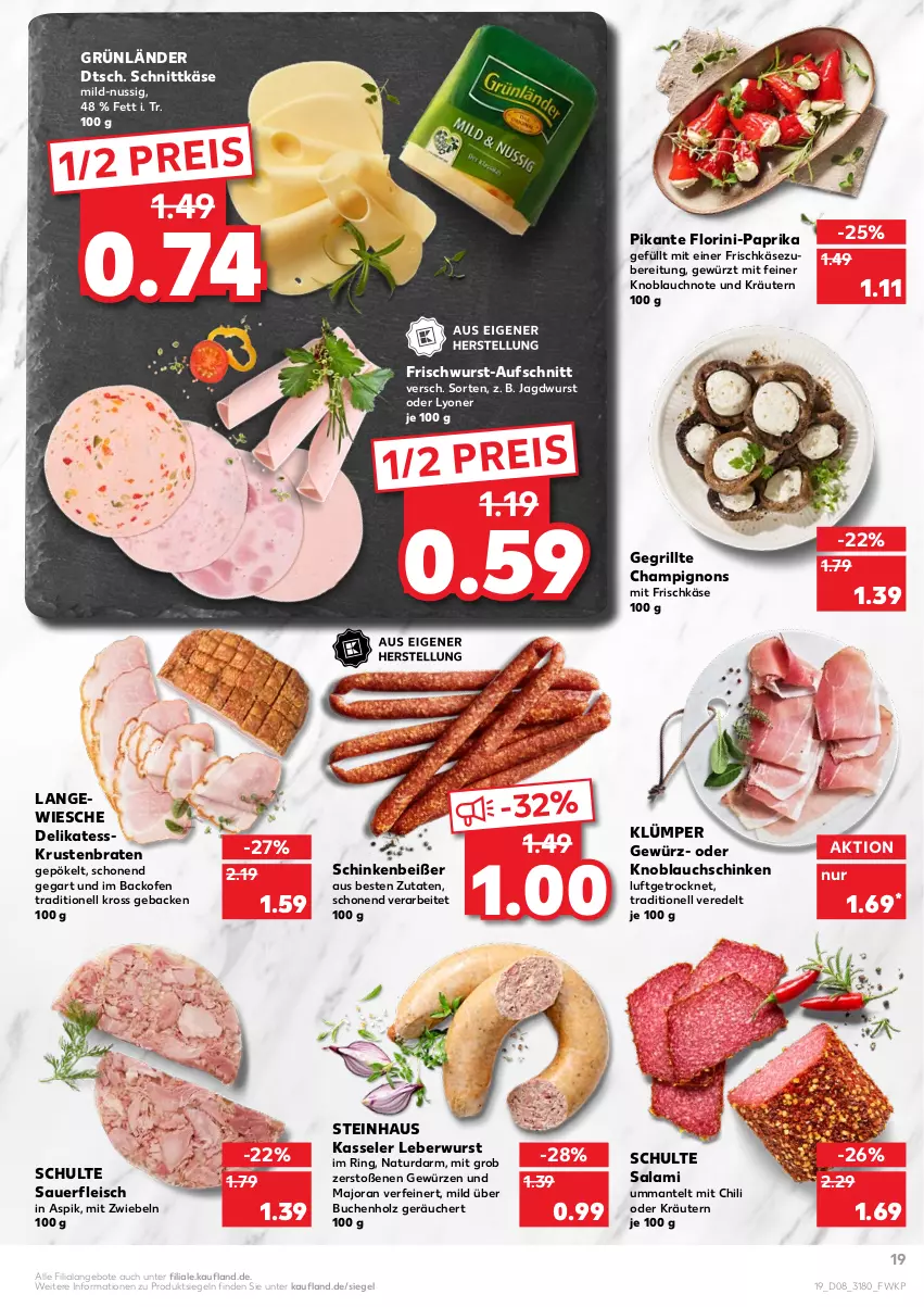 Aktueller Prospekt Kaufland - von 24.02 bis 02.03.2022 - strona 19 - produkty: angebot, angebote, auer, aufschnitt, backofen, braten, buch, champignon, champignons, chili, eis, fleisch, frischkäse, frischkäsezubereitung, frischwurst-aufschnitt, geback, gewürz, grill, grünländer, Holz, jagdwurst, Käse, kasseler, knoblauch, kräuter, kräutern, krustenbraten, leberwurst, lyoner, Mantel, mit zwiebeln, natur, nuss, oder kräuter, Ofen, paprika, reis, ring, salami, schinken, schnittkäse, steinhaus, Ti, wurst, Yo, zwiebel, zwiebeln