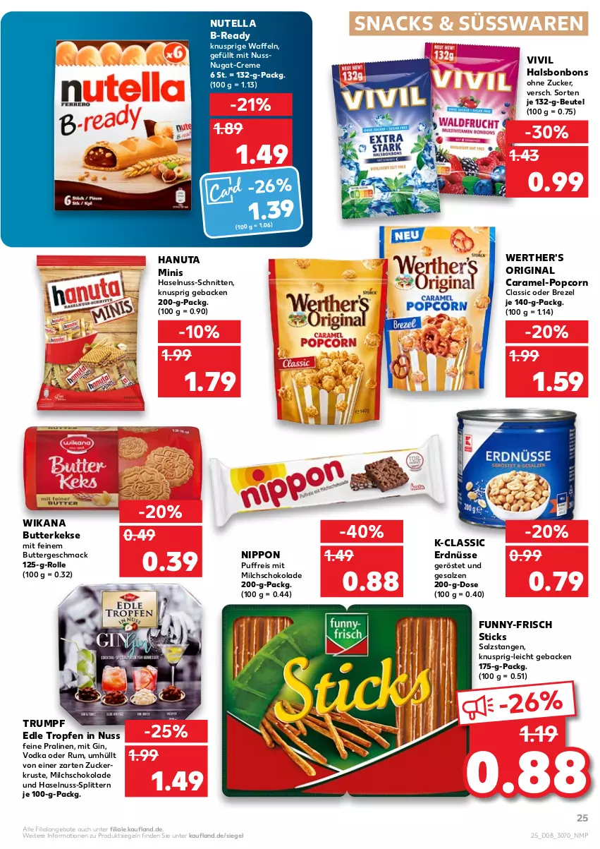 Aktueller Prospekt Kaufland - von 24.02 bis 02.03.2022 - strona 25 - produkty: angebot, angebote, beutel, bonbons, brezel, butter, butterkeks, caramel, creme, eis, erdnüsse, funny-frisch, geback, gin, hanuta, haselnuss, keks, kekse, mac, milch, nippon, nuss, nutella, popcorn, pralinen, reis, rum, salz, Salzstange, Salzstangen, schnitten, schoko, schokolade, snack, snacks, süsswaren, Ti, vodka, waffeln, werther's, zucker