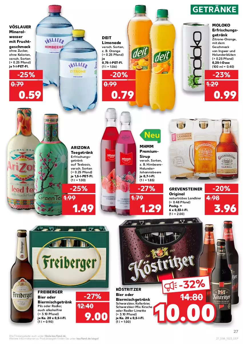 Aktueller Prospekt Kaufland - von 24.02 bis 02.03.2022 - strona 27 - produkty: alkohol, Alwa, angebot, angebote, auer, beere, Berger, bier, Blüte, deit, elle, erfrischungsgetränk, Freiberger, frucht, getränk, getränke, gin, grevensteiner, himbeer, himbeere, holunder, holunderblüte, ingwer, johannisbeere, kellerbier, kirsch, kirsche, köstritzer, limette, limo, limonade, mac, Mett, mineralwasser, mit frucht, natur, oder radler, orange, pils, radler, sirup, steiner, tee, Ti, vöslauer, wasser, zitrone, zucker