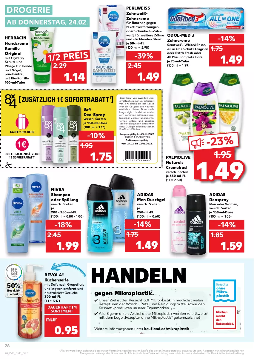 Aktueller Prospekt Kaufland - von 24.02 bis 02.03.2022 - strona 28 - produkty: Adidas, aktionspreis, angebot, asti, auer, Bad, bio, Brei, cin, coupon, creme, deo, deospray, duschgel, eis, erde, gin, grapefruit, handcreme, ingwer, Kamill, kamille, kosmetik, küche, Küchen, Küchenseife, natur, natura, nivea, Odol, Odol-med 3, olive, palmolive, Putz- und Reinigungsmittel, Rauch, Reinigung, Reinigungsmittel, reis, rezept, Seife, shampoo, shampoo oder spülung, sofortrabatt, spülung, Ti, zahncreme, ZTE