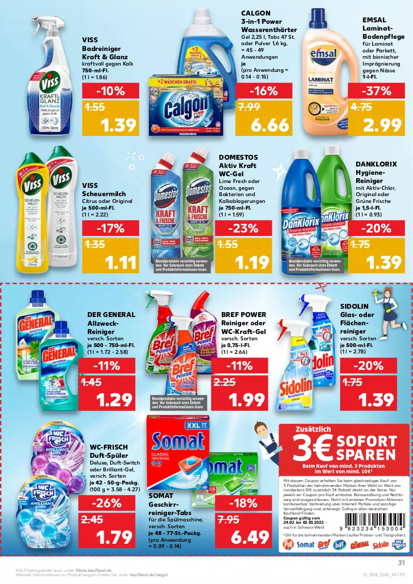 Aktueller Prospekt Kaufland - von 24.02 bis 02.03.2022 - strona 31 - produkty: allzweckreiniger, angebot, angebote, Bad, bier, bio, Bref, bref power, Brei, calgon, citrus, coupon, danklorix, domestos, emsa, geschirr, gin, Heu, kraft, laminat, laminatboden, LG, milch, reiniger, scheuermilch, sidolin, somat, Ti, wasser, wasserenthärter, wc-gel, weck