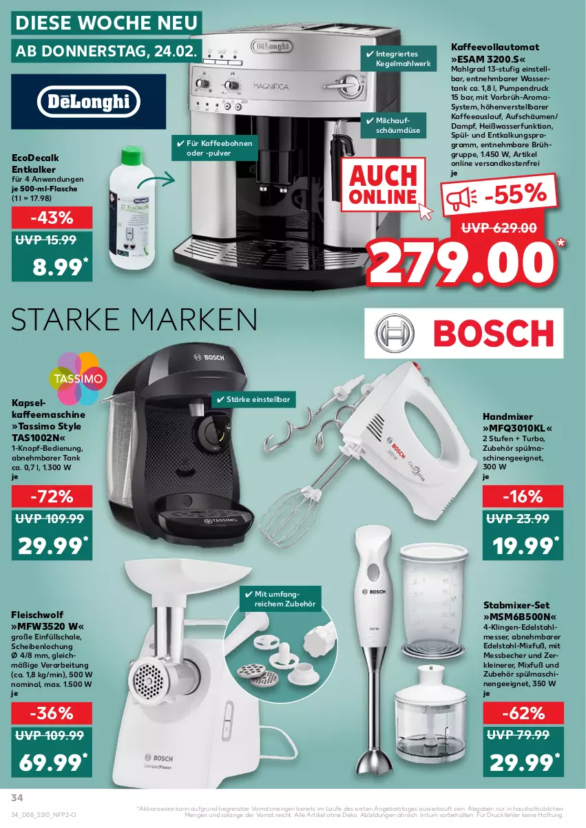 Aktueller Prospekt Kaufland - von 24.02 bis 02.03.2022 - strona 34 - produkty: angebot, auto, Becher, bohne, bohnen, edelstahl, edelstahlmesser, eis, entkalker, flasche, fleisch, handmixer, je 500-ml-flasche, kaffee, kaffeebohnen, kaffeemaschine, kaffeevollautomat, leine, LG, Messbecher, messer, milch, Mixer, ndk, Schal, Schale, sim, spülmaschinen, stabmixer, tassimo, Ti, versandkostenfrei, wasser, wassertank, Zerkleinerer, ZTE