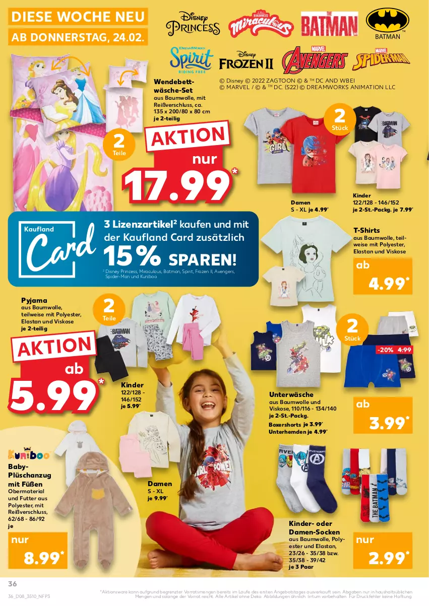 Aktueller Prospekt Kaufland - von 24.02 bis 02.03.2022 - strona 36 - produkty: angebot, Anzug, Bau, baumwolle, bett, bettwäsche, disney, eis, hemd, hemden, Kinder, Plüsch, Pyjama, Ria, shirt, shirts, shorts, socken, spider-man, T-Shirt, Ti, Unterhemd, unterhemden, Unterwäsche, wendebettwäsche, wolle, ZTE