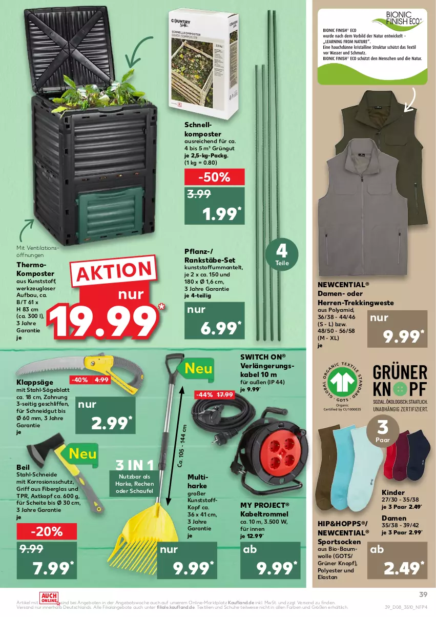 Aktueller Prospekt Kaufland - von 24.02 bis 02.03.2022 - strona 39 - produkty: angebot, angebote, Bau, baumwolle, bio, bio-baumwolle, eis, Kabeltrommel, Kinder, Komposter, Mantel, säge, schuhe, socken, Sport, sportsocken, Ti, trommel, werkzeug, Weste, wolle