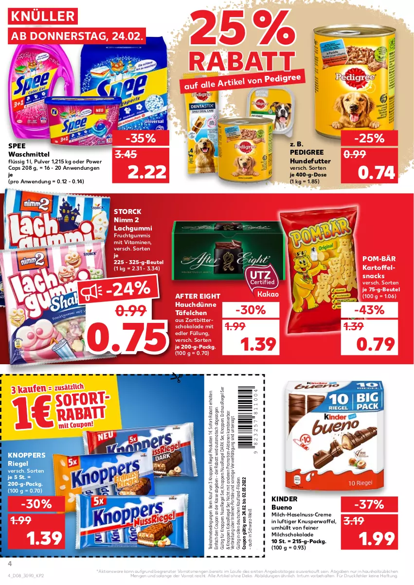 Aktueller Prospekt Kaufland - von 24.02 bis 02.03.2022 - strona 4 - produkty: after eight, aktionspreis, angebot, auto, beutel, Brei, Cap, coupon, creme, eis, erdnuss, frucht, fruchtgummi, fruchtgummis, haselnuss, kartoffel, Kinder, kinder bueno, knoppers, kokos, lachgummi, milch, Nimm 2, nuss, nussriegel, pedigree, pom-bär, reis, riegel, schoko, schokolade, snack, snacks, sofort-rabatt, spee, storck, Ti, tisch, vita, Vitamine, waschmittel, Zartbitterschokolade, ZTE