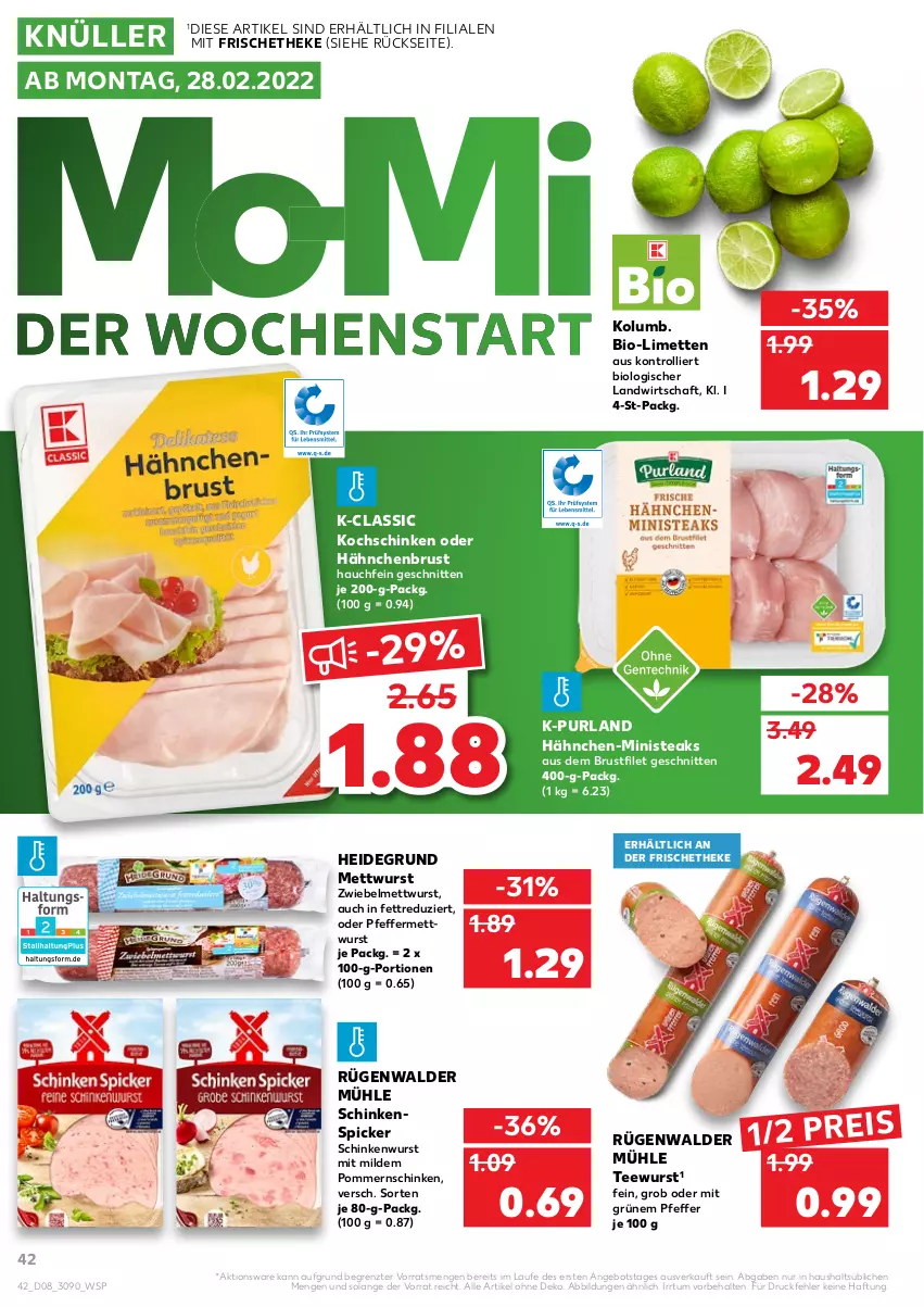 Aktueller Prospekt Kaufland - von 24.02 bis 02.03.2022 - strona 42 - produkty: angebot, bio, brustfilet, eis, filet, hähnchenbrust, kochschinken, limette, limetten, Mett, metten, mettwurst, pfeffer, purland, reis, rügenwalder, rügenwalder mühle, schinken, Schinkenspicker, schinkenwurst, schnitten, steak, steaks, tee, teewurst, Ti, trolli, wurst, ZTE, zwiebel, zwiebelmettwurst