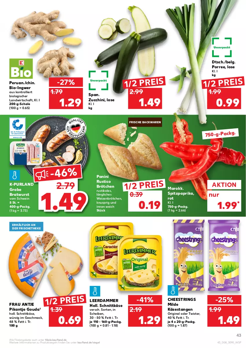 Aktueller Prospekt Kaufland - von 24.02 bis 02.03.2022 - strona 43 - produkty: angebot, angebote, backwaren, bio, bratwurst, brötchen, eis, frau antje, frische backwaren, gin, gouda, grobe bratwurst, ingwer, Käse, leerdammer, LG, mac, paprika, purland, reis, ring, Schal, Schale, schnittkäse, schwein, Spitzpaprika, String, Ti, trolli, wein, weizenbrötchen, wurst, zucchini